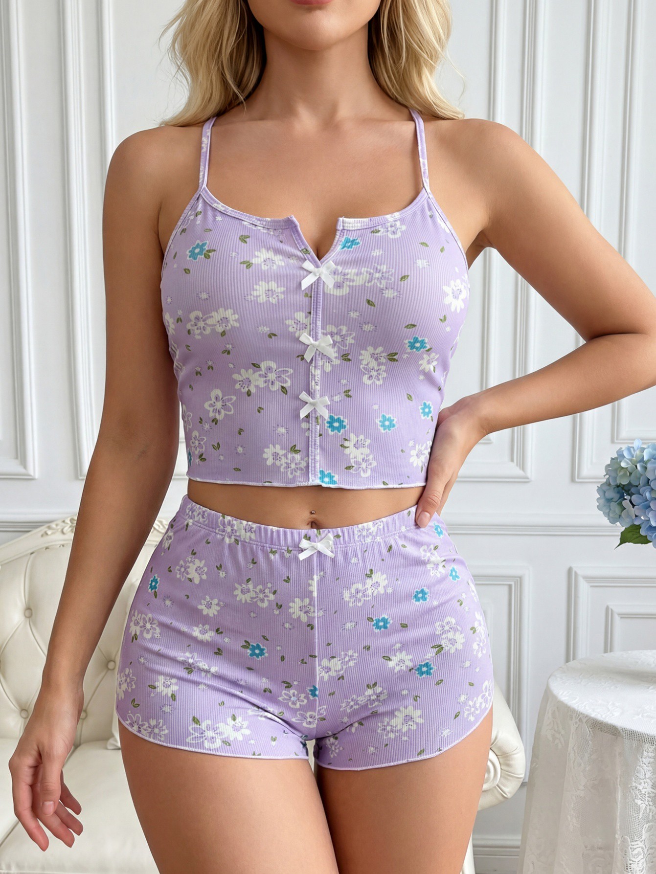 Purple Floral Print Bow Cami & Shorts Loungewear Set