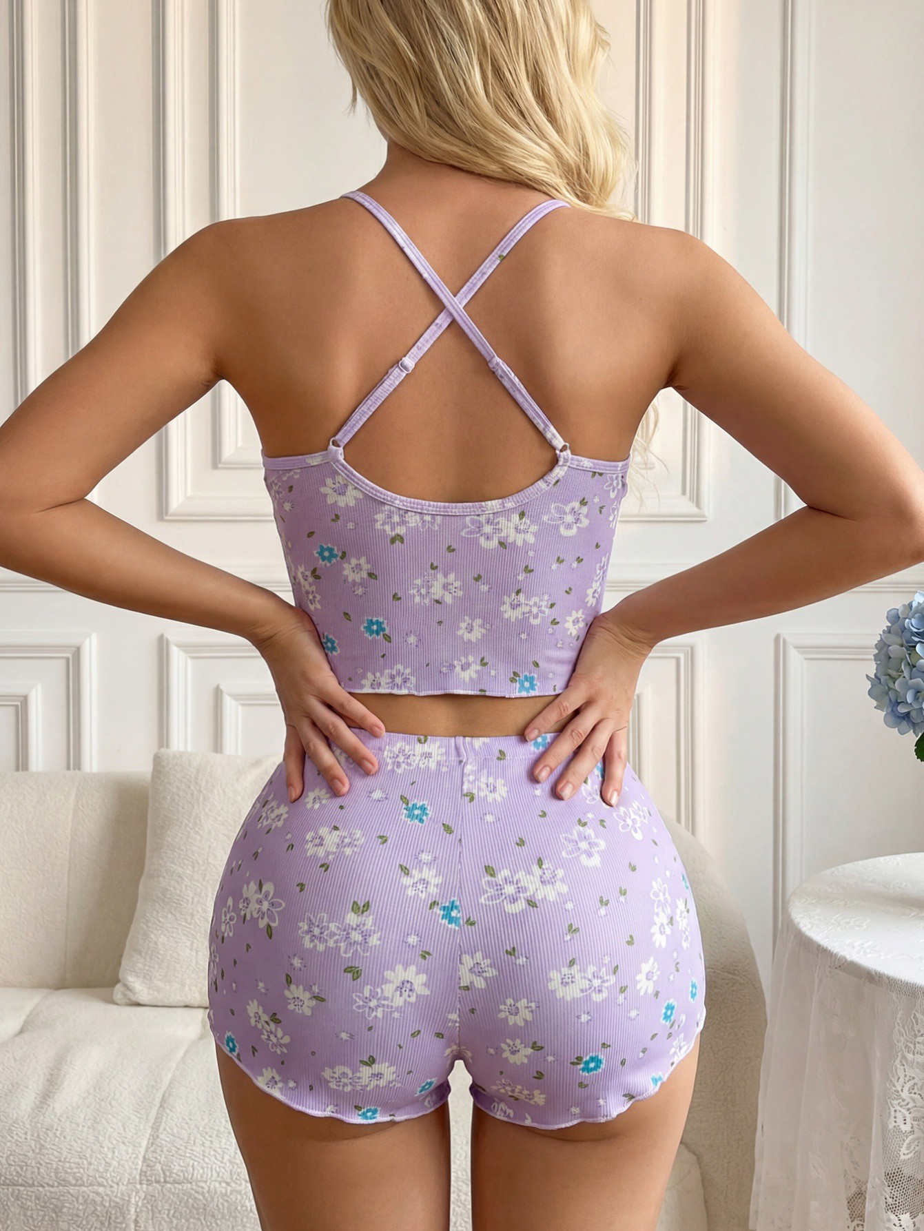 Purple Floral Print Bow Cami & Shorts Loungewear Set