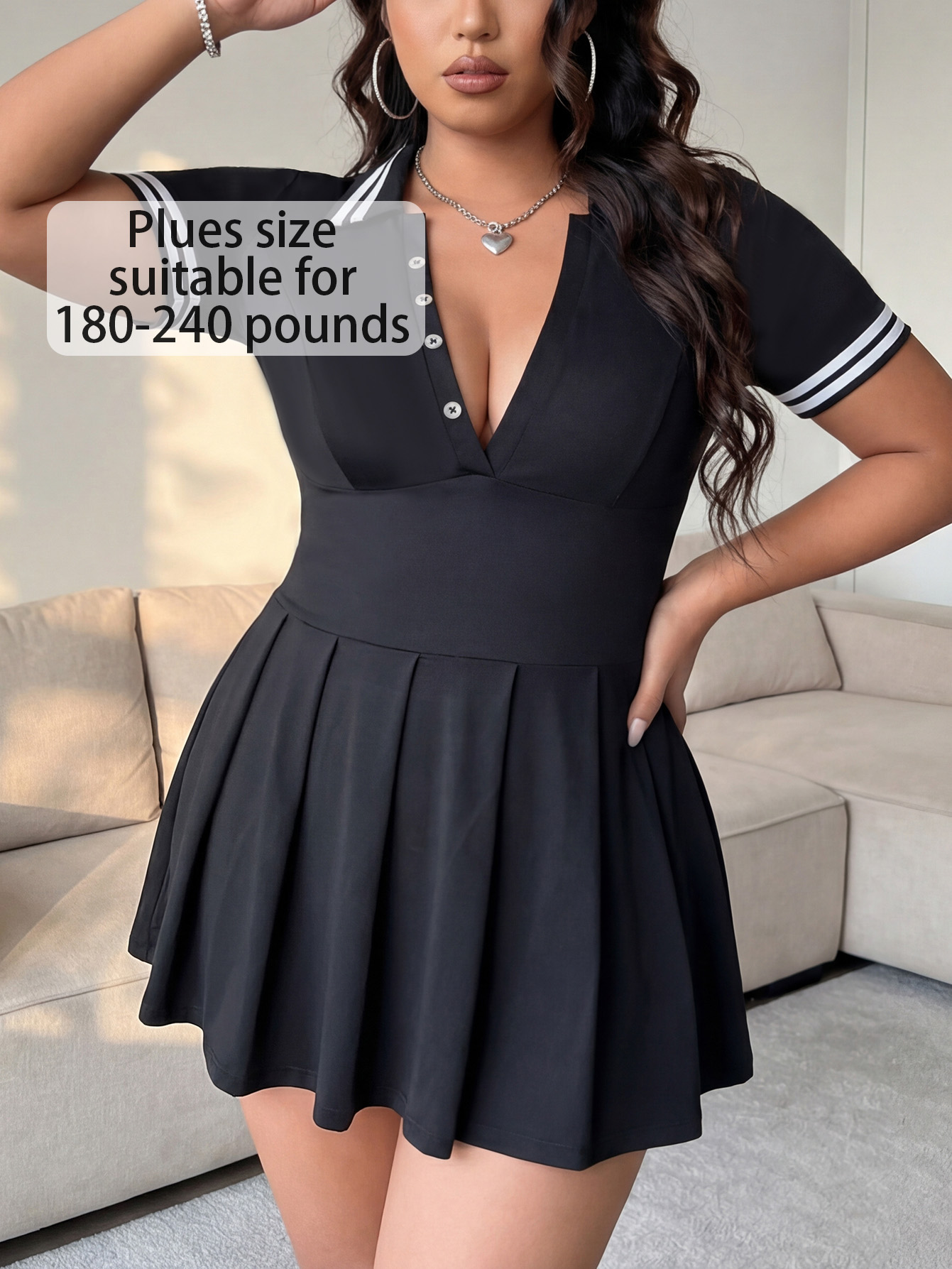Plus Size Schoolgirl V-Neck Pleated Costume Dress
