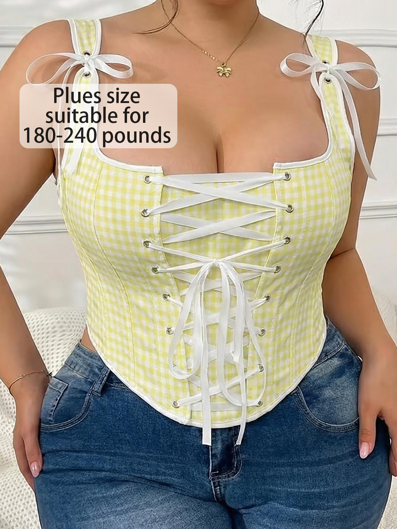 Plus Size Yellow Green Plaid Bow Strap Corset Top