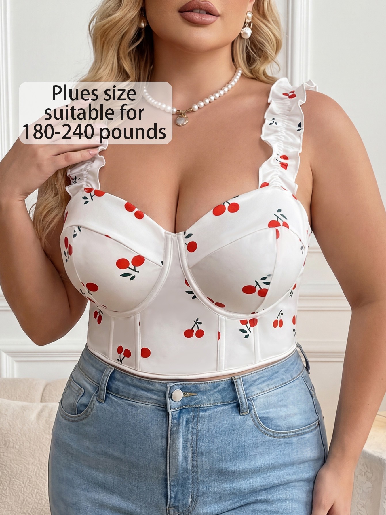 Plus Size Cherry Print Ruffle Strap Corset Top