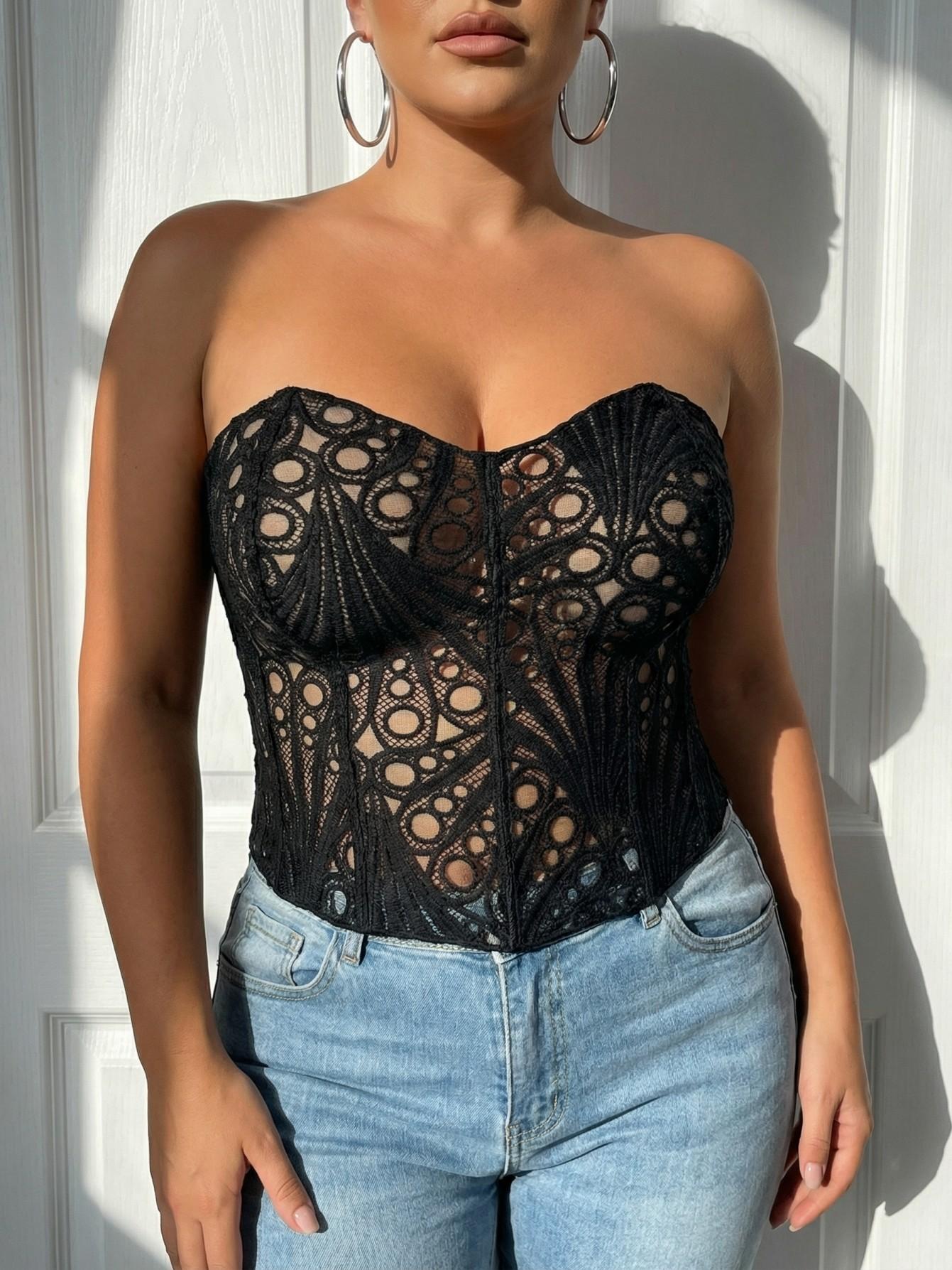 Plus Size Black Lace Strapless Corset Top