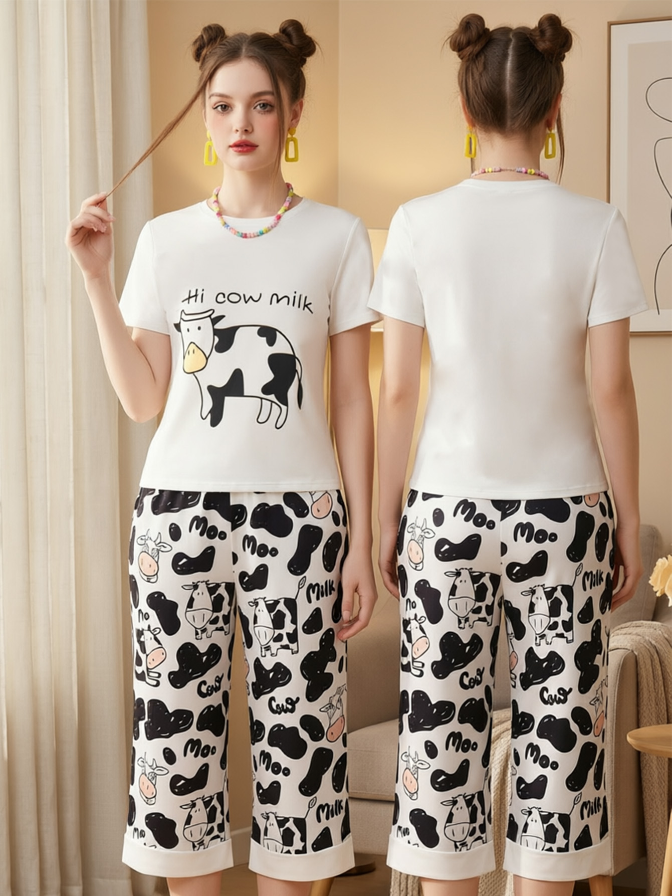 Cartoon Cow Print Short Sleeve & Capri Loungewear Set