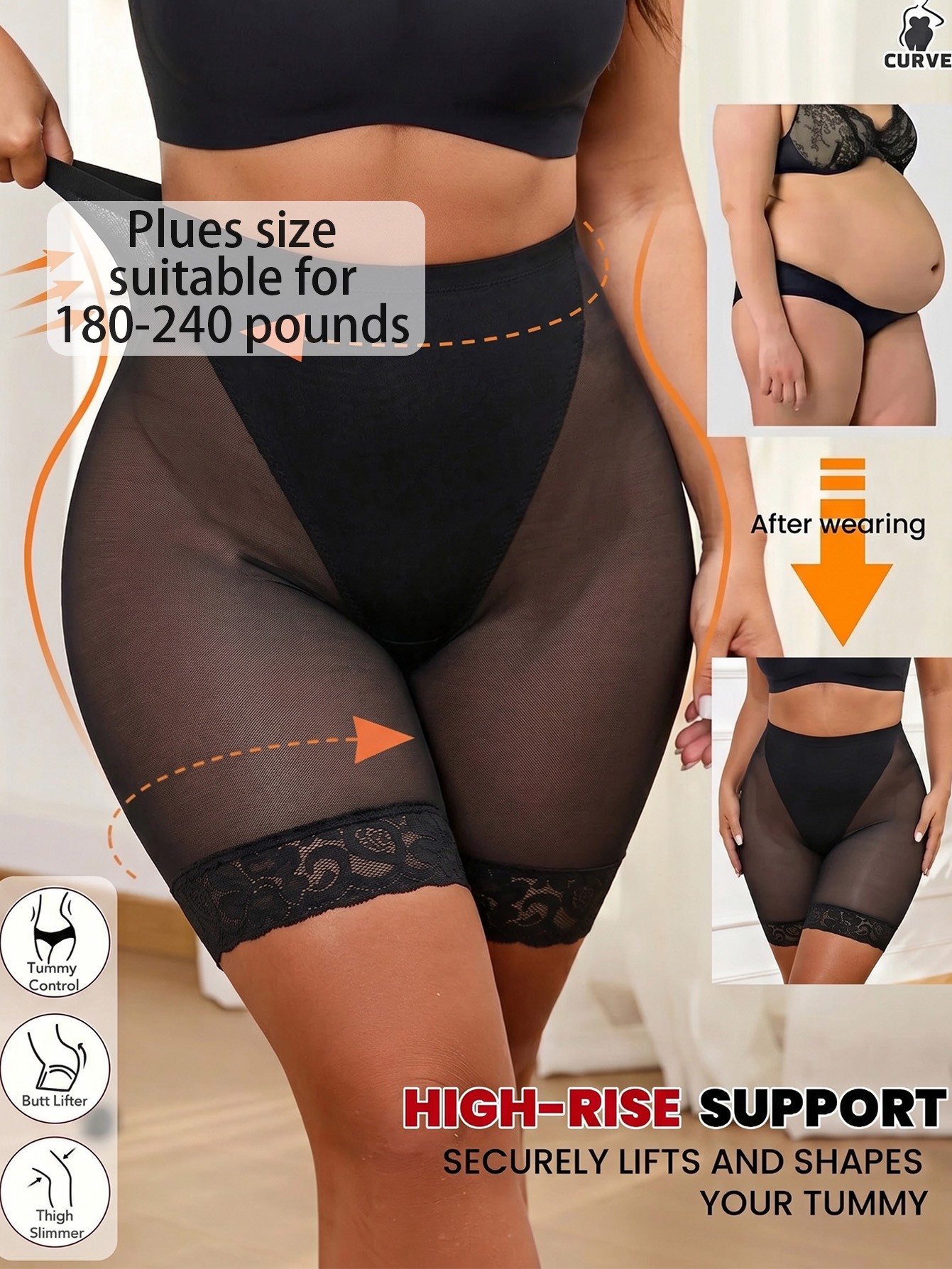 Plus Size Mesh Spliced High Elastic Body Shaper Safety Shorts