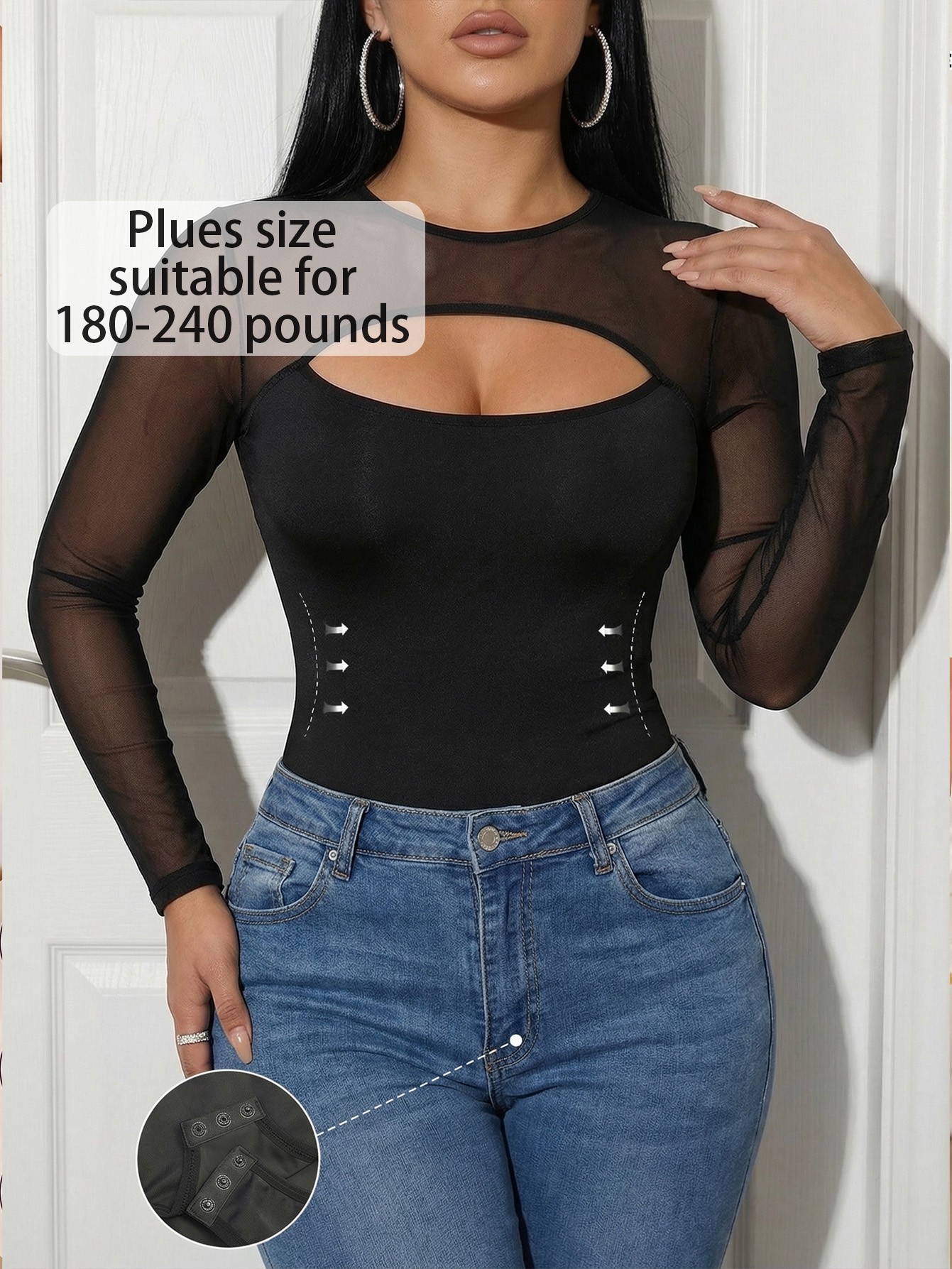 Plus Size Mesh Spliced Cutout Long-Sleeve Bodysuit