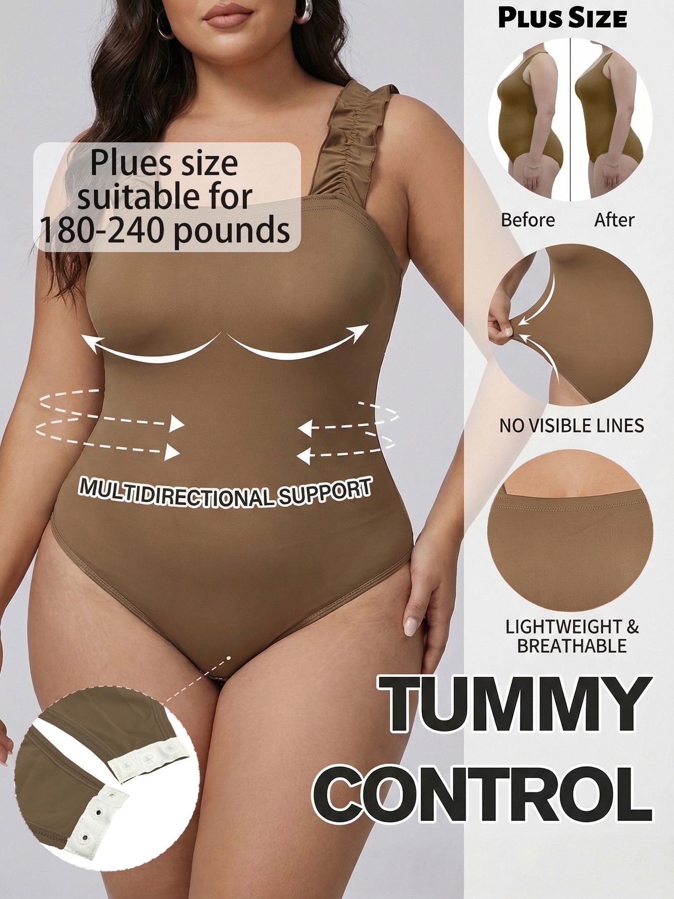 Plus Size Ruffled Strap Tummy Control Bodysuit