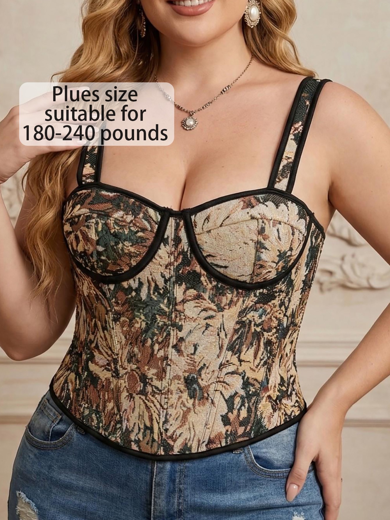 Plus Size Oil Painting Floral Jacquard Adjustable Strap Corset Top