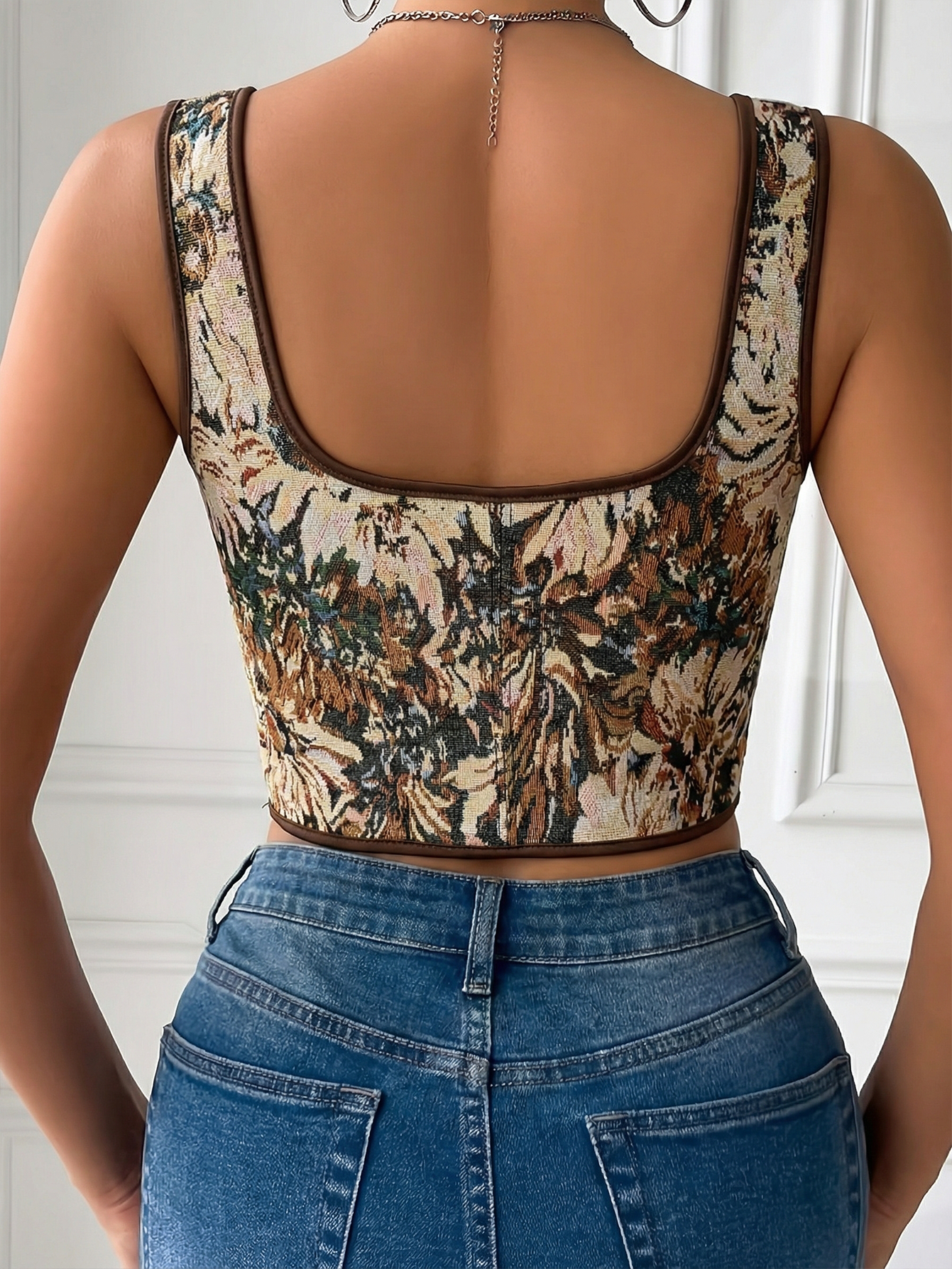 Vintage Oil Painting Floral Jacquard Bow Strap Corset Top