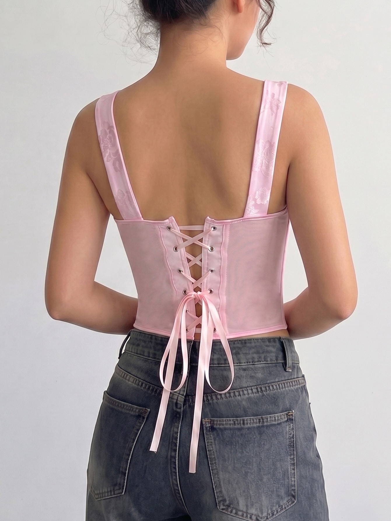 Pink Jacquard Square Neck Lace-Up Corset Top