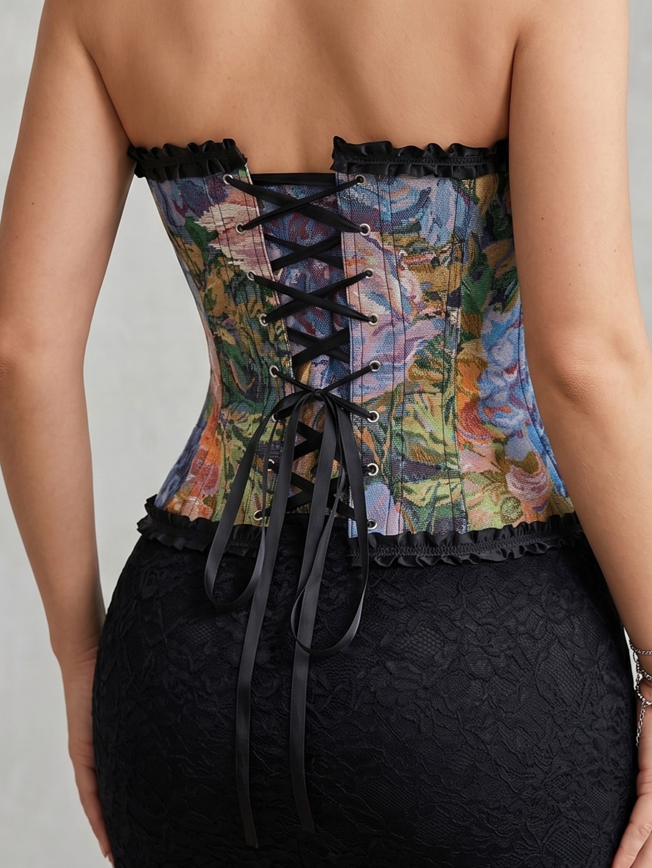 Oil Painting Floral Jacquard Trim Strapless Corset