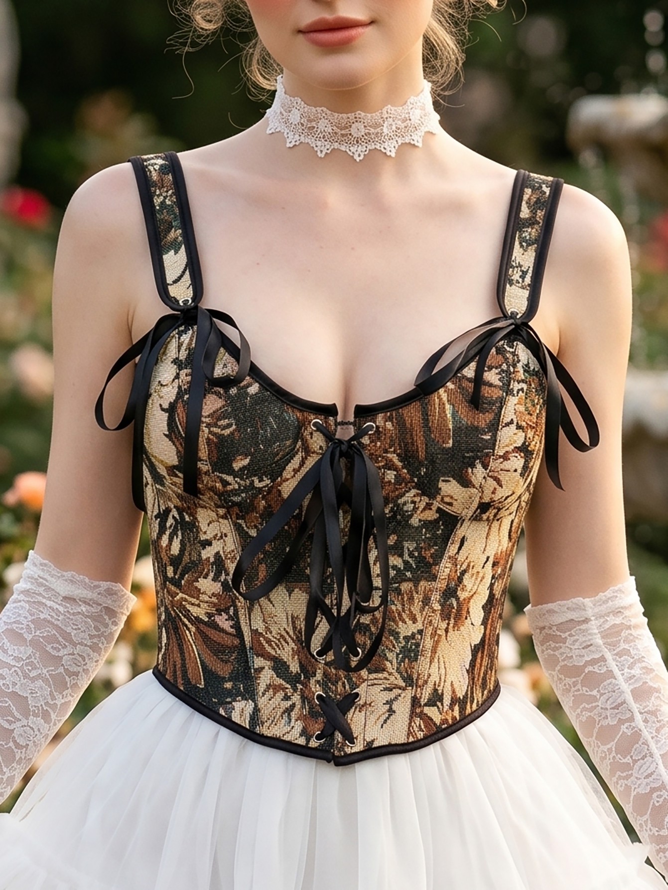 Vintage Oil Painting Floral Jacquard Lace-Up Corset