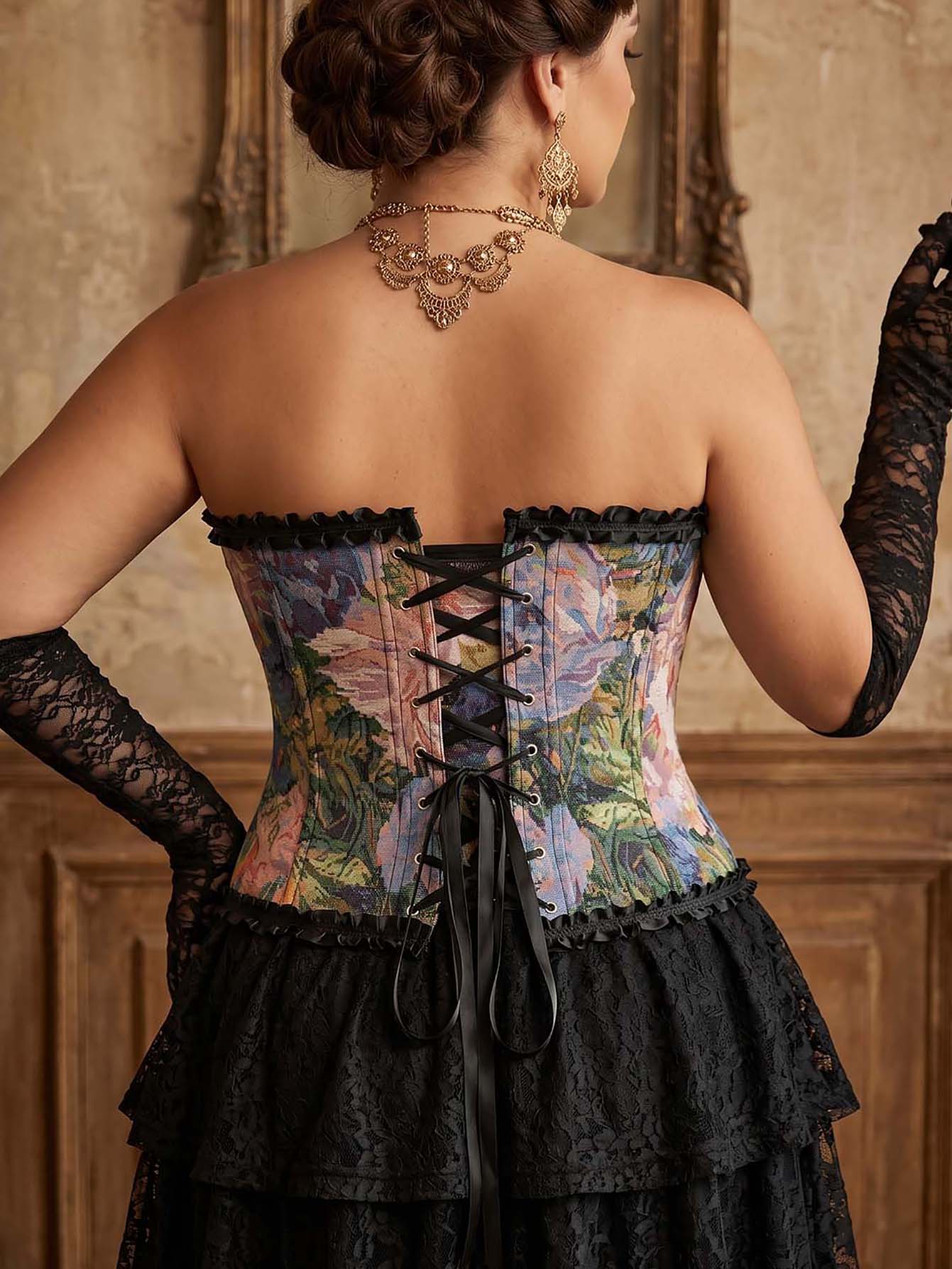 Plus Size Vintage Oil Painting Jacquard Front Zip & Back Lace-Up Bustier