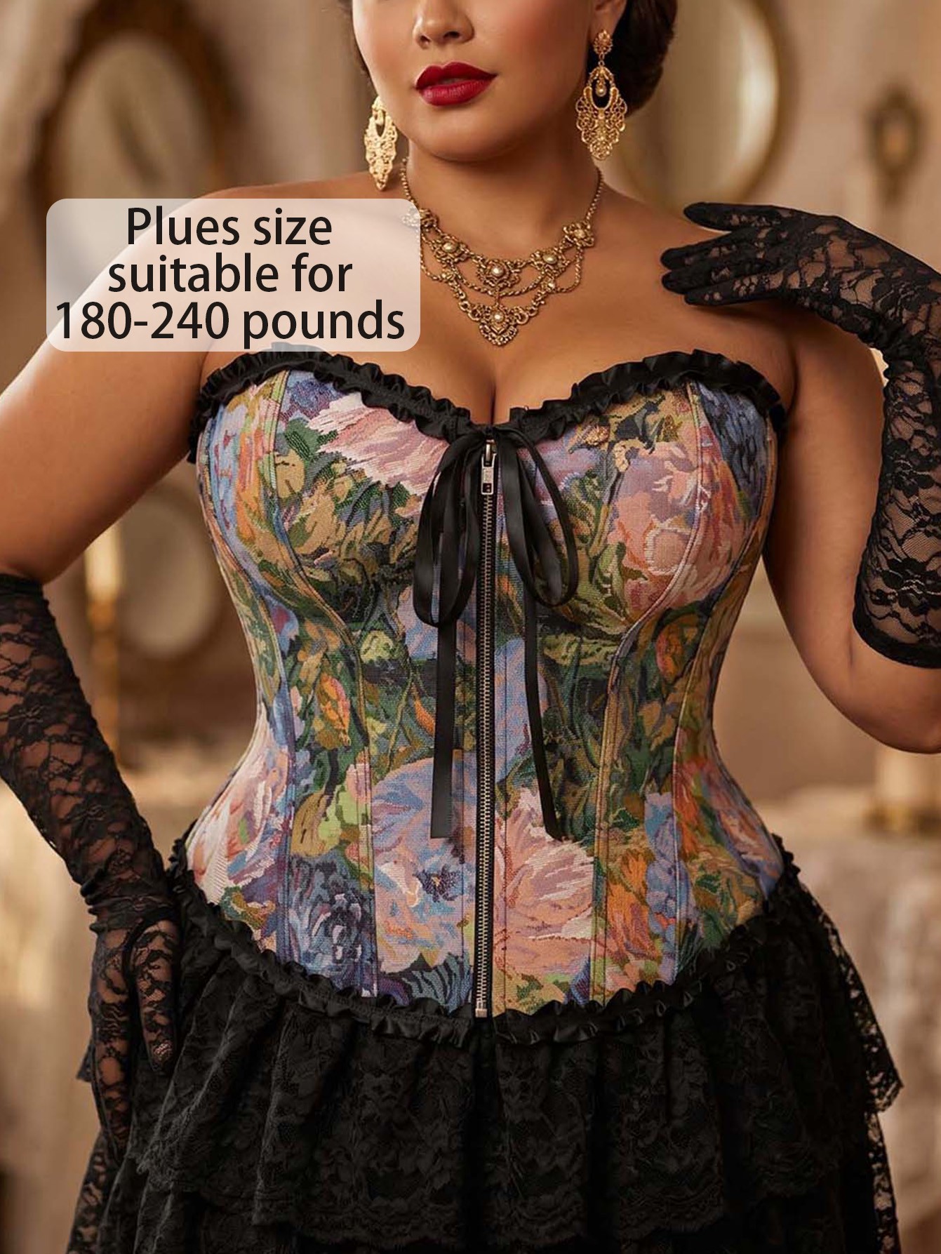 Plus Size Vintage Oil Painting Jacquard Front Zip & Back Lace-Up Bustier