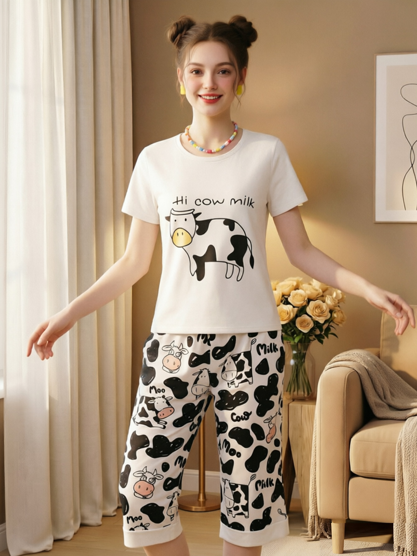Cartoon Cow Print Short Sleeve & Capri Loungewear Set