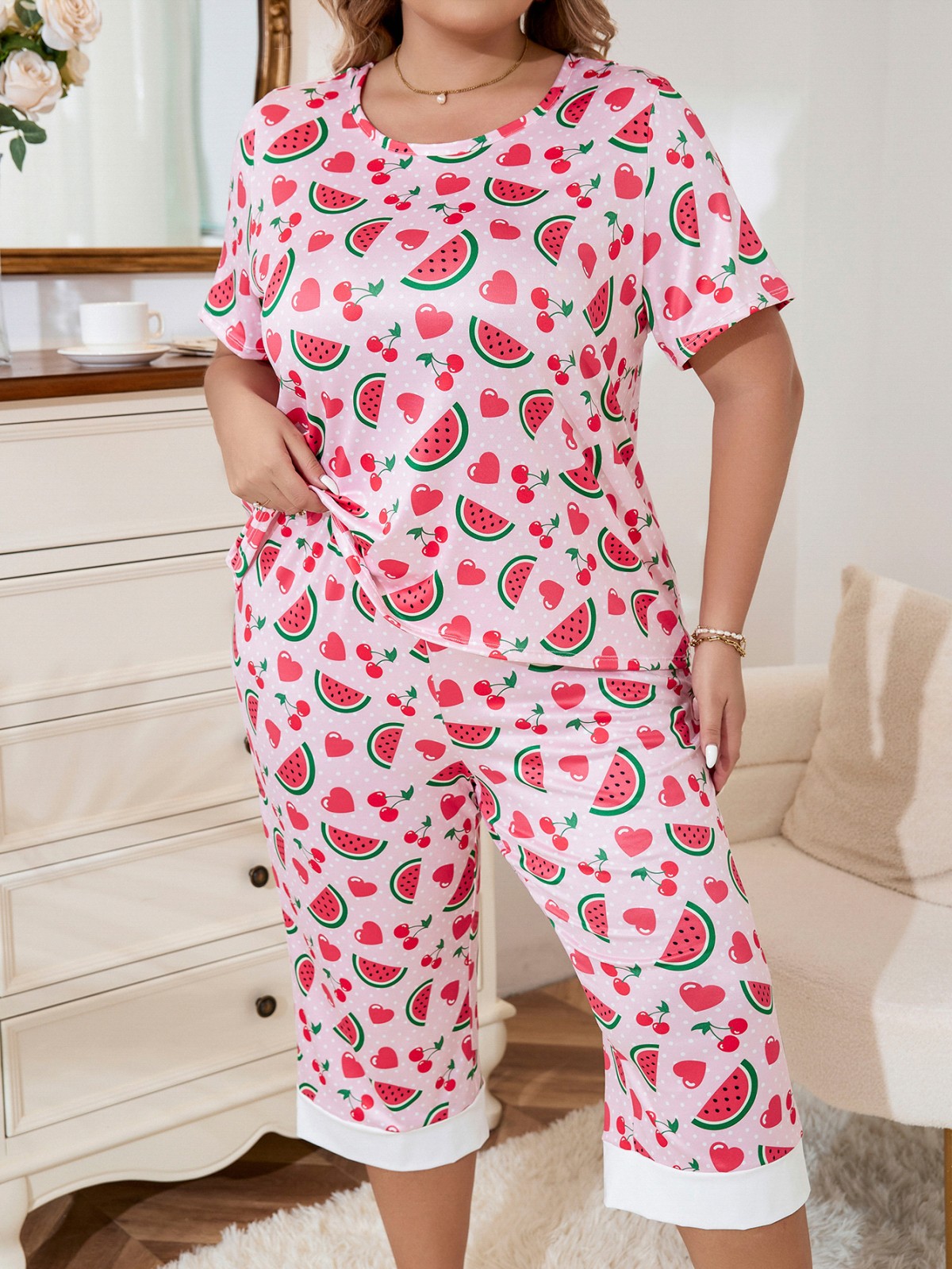 Plus Size Watermelon Print Short Sleeve & Capri Loungewear Set