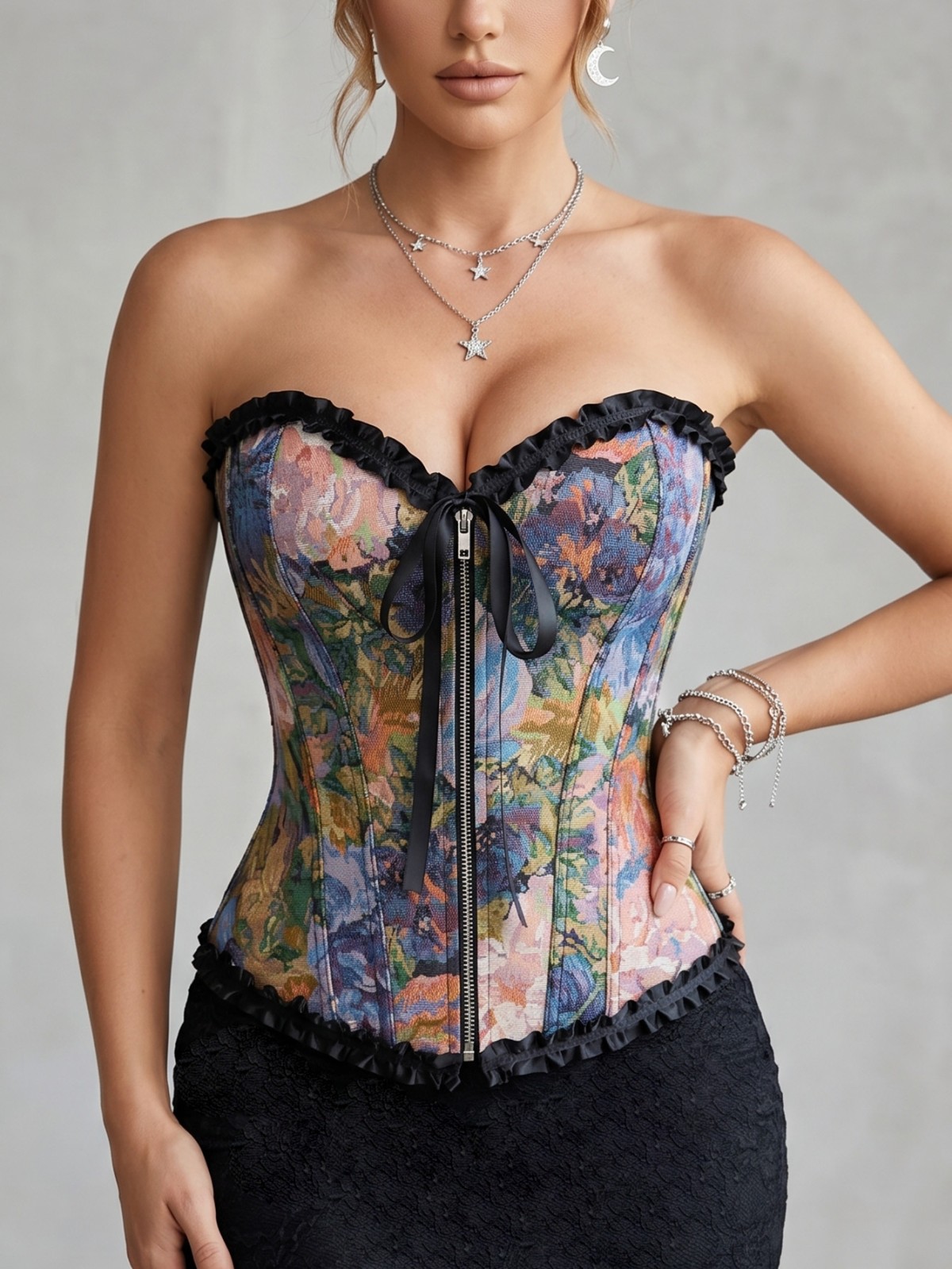 Oil Painting Floral Jacquard Trim Strapless Corset Oil Painting Floral Jacquard Trim Strapless Corset
