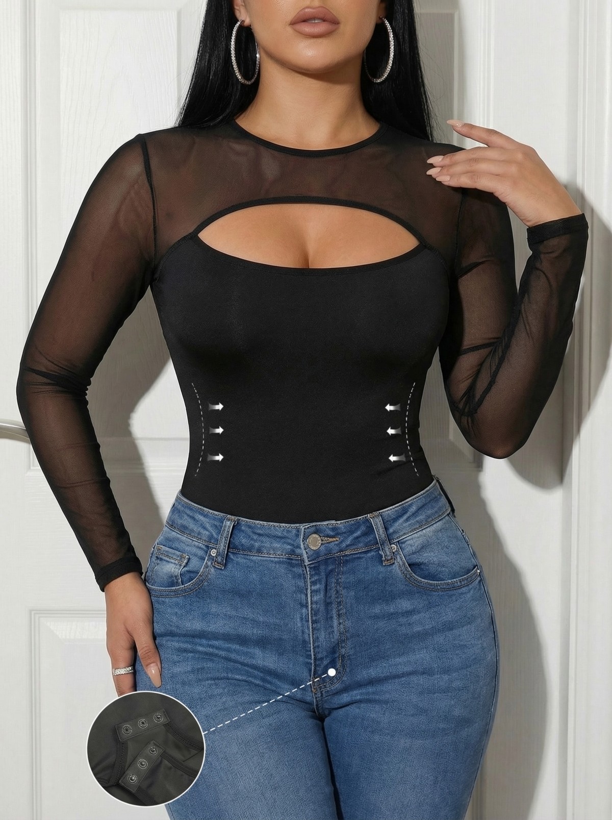 Plus Size Mesh Spliced Cutout Long-Sleeve Bodysuit Plus Size Mesh Spliced Cutout Long-Sleeve Bodysuit