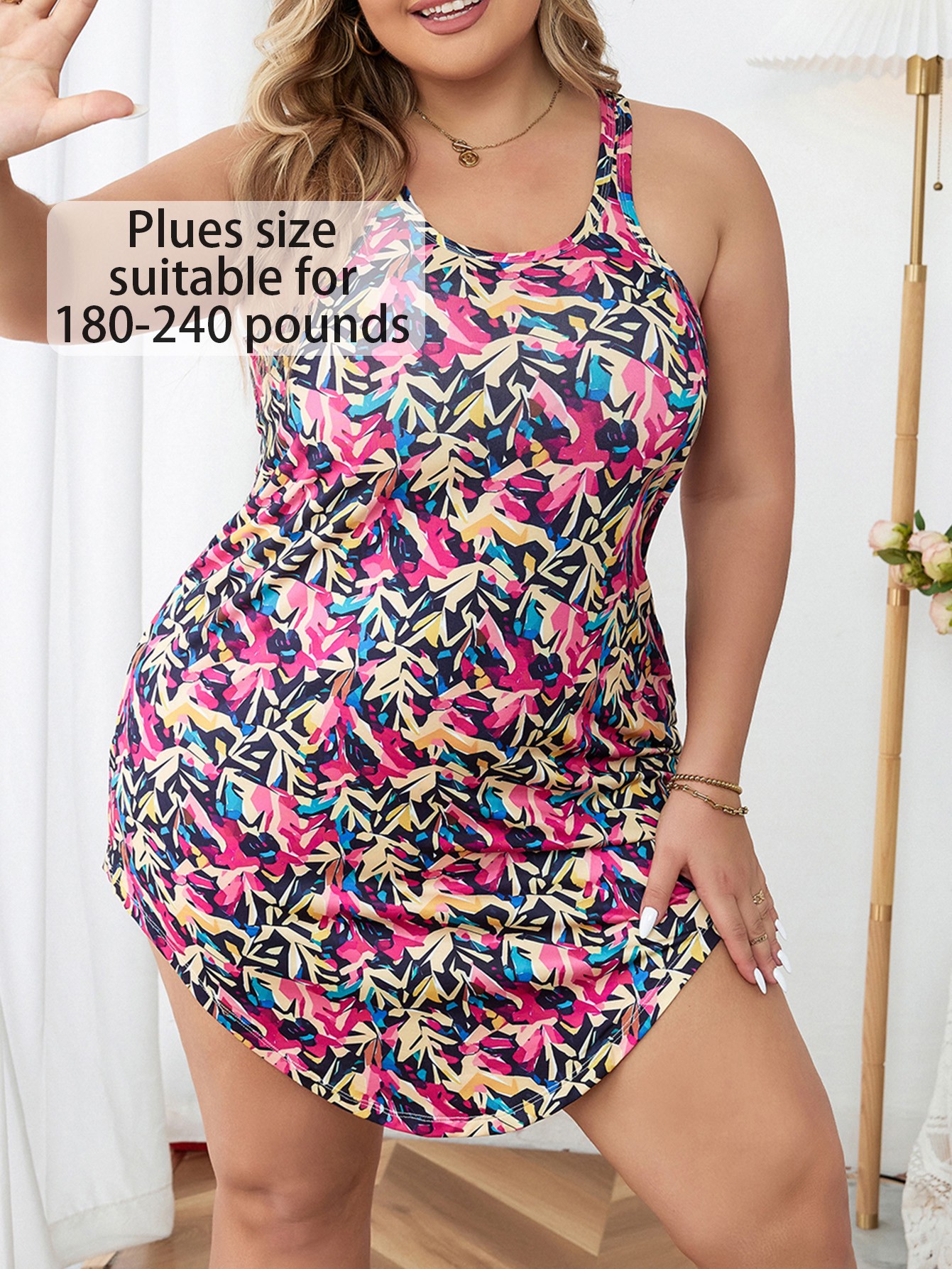 Plus Size Vintage Plant Print Sleeveless Slim Loungewear Dress