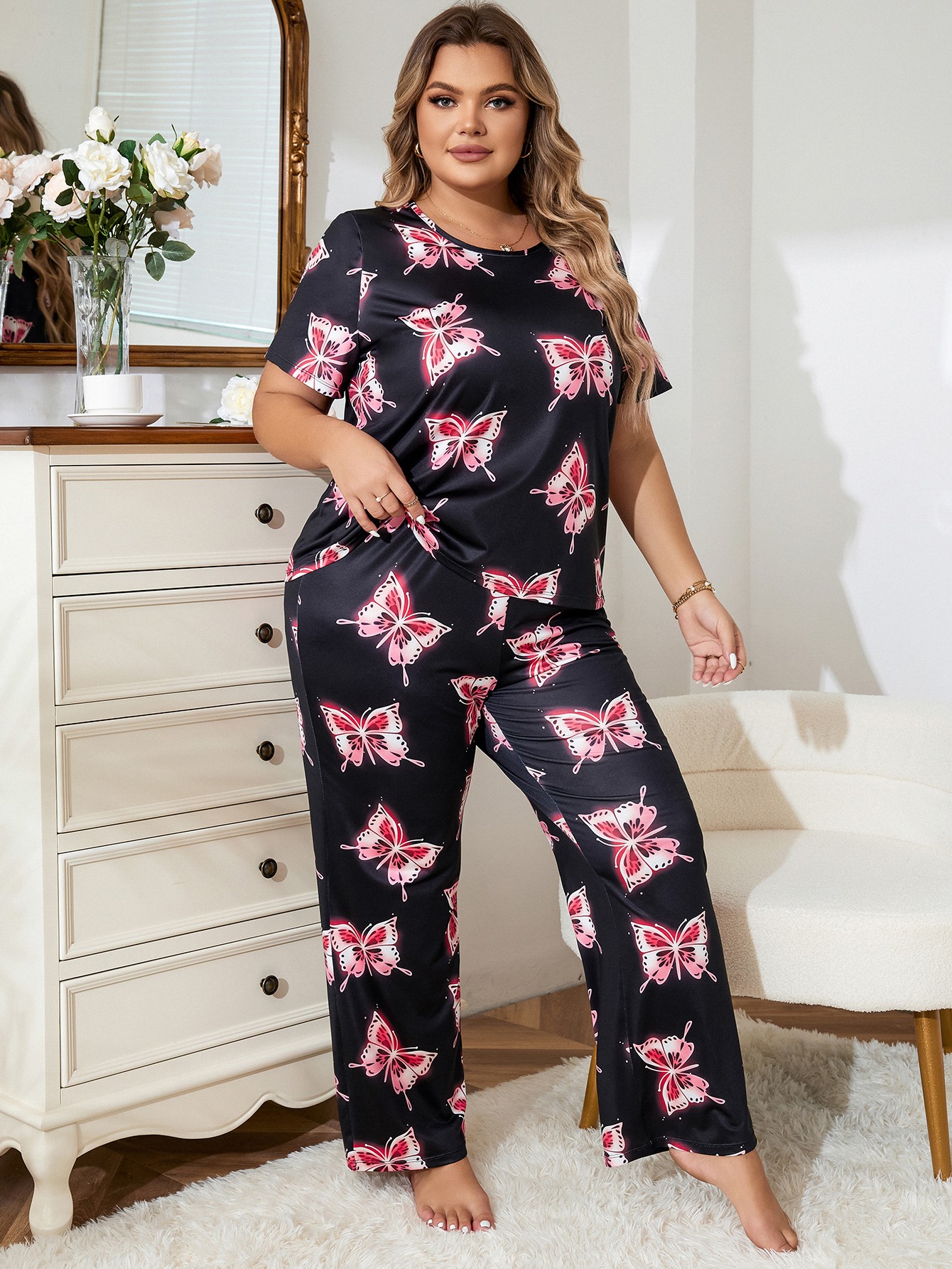Plus Size Cool Butterfly Pattern Loose Thin Loungewear Set