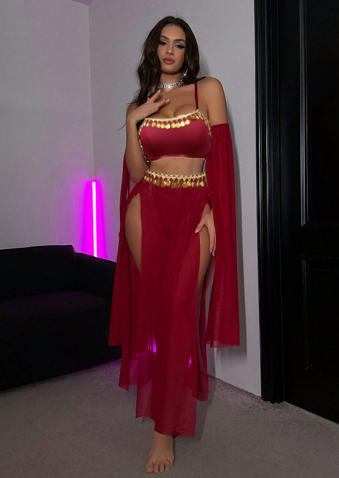 Sexy Cutout High Split Thin Sleeve Party Dance Vacation 3 Piece Outfit