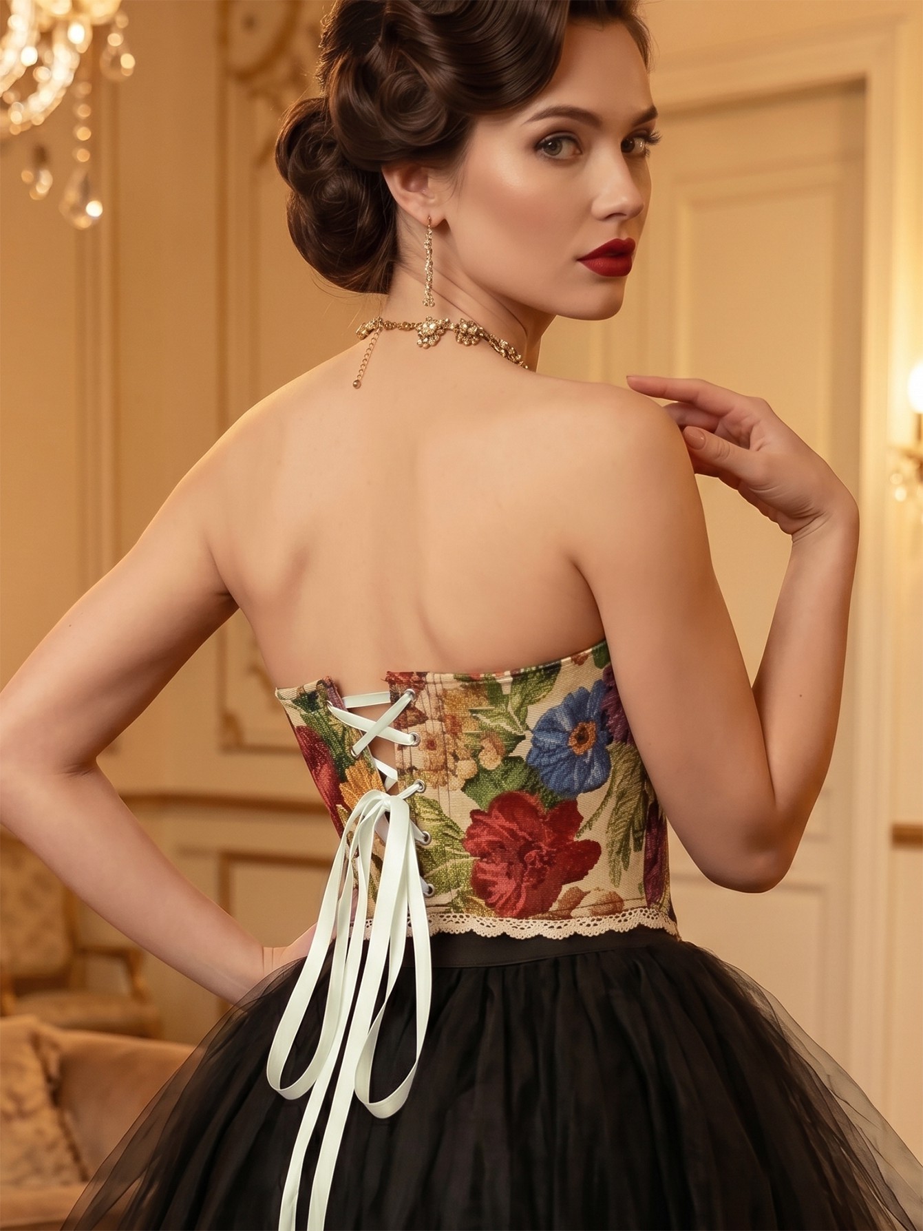 Vintage Floral Strapless Back Lace-Up Corset