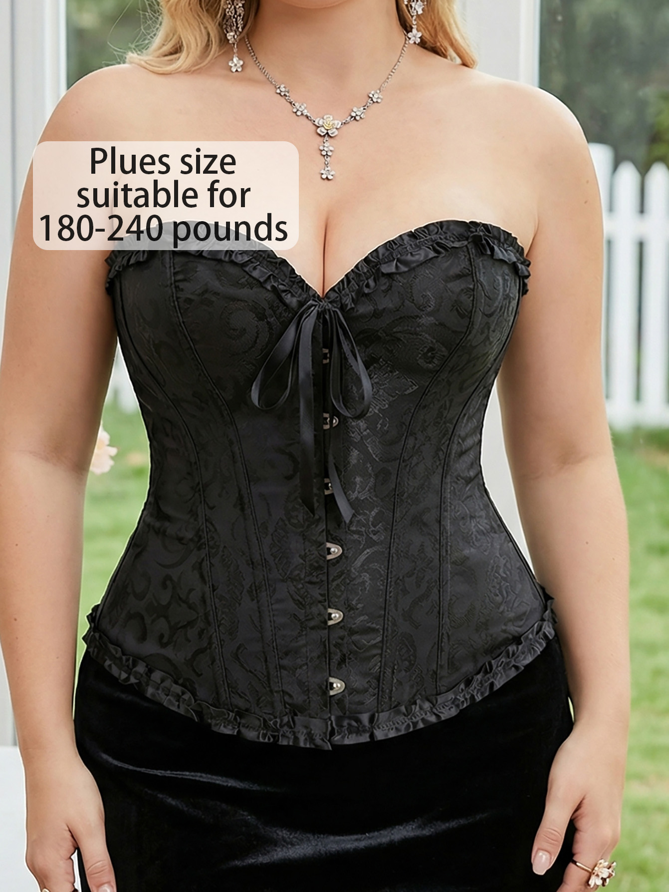 Plus Size Vintage Damask Lace Trim Front Hook Shaping Bustier