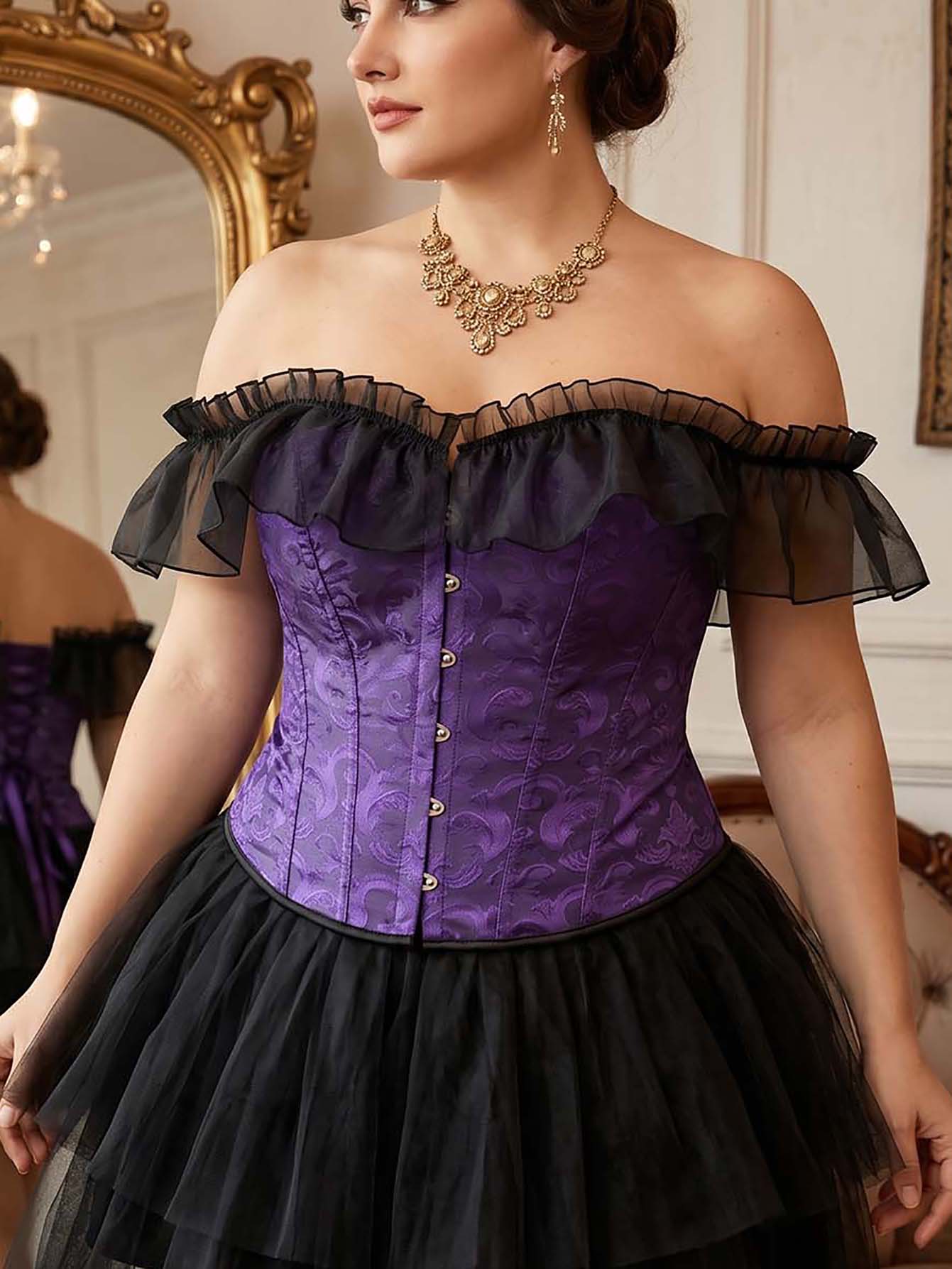 Plus Size Purple Jacquard Off Shoulder Mesh Sleeve Back Lace-Up Corset