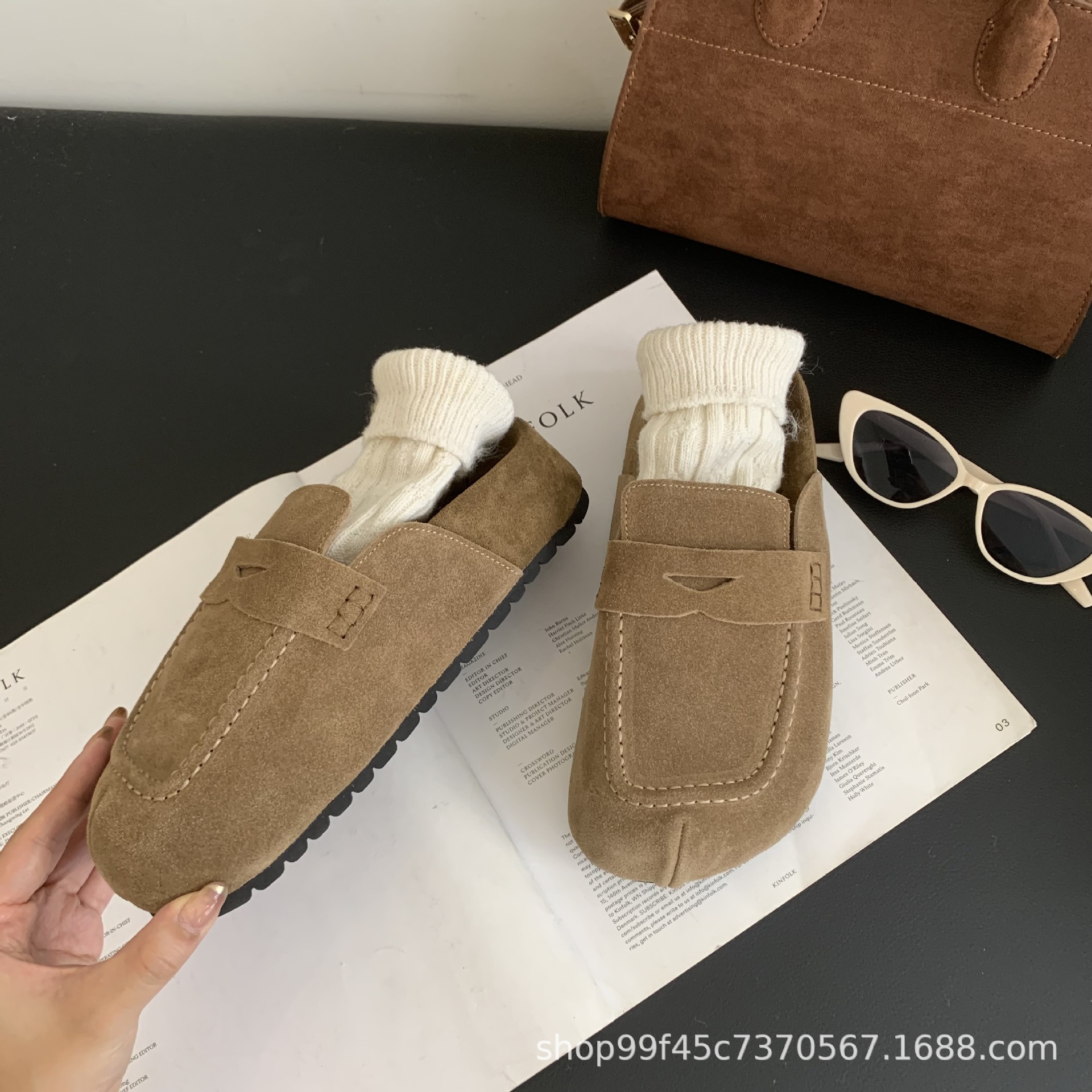 Super popular French style high-end feel thick soled toe half slippers for women in spring, wearing new genuine leather shoes for lazy people with a foot kick