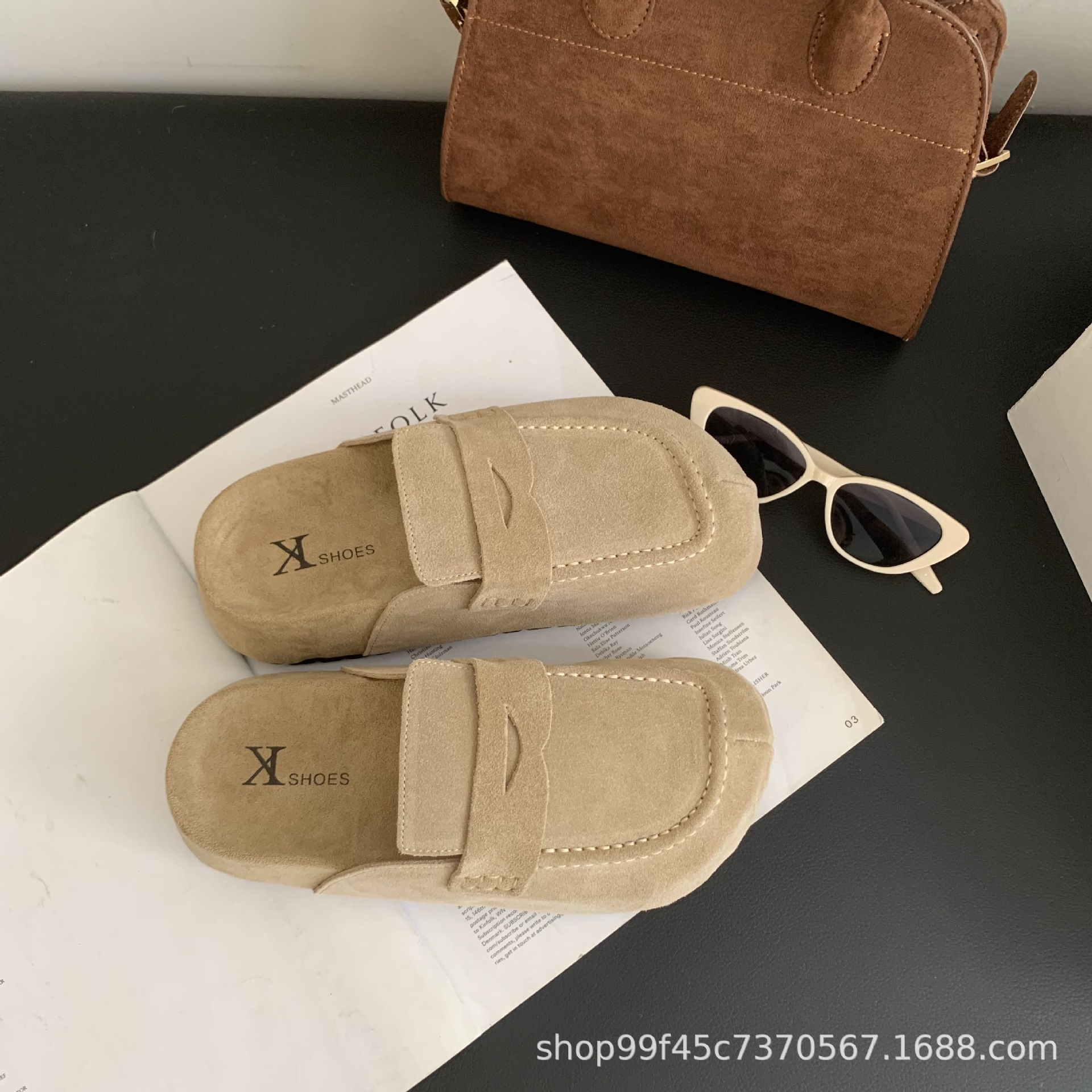 Super popular French style high-end feel thick soled toe half slippers for women in spring, wearing new genuine leather shoes for lazy people with a foot kick