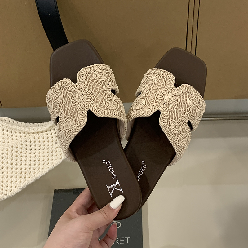 Leather French-style high-end slippers for women, minimalist and ethereal, flat sandals for summer outings
