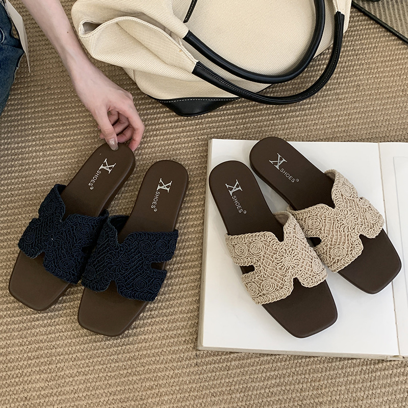 Leather French-style high-end slippers for women, minimalist and ethereal, flat sandals for summer outings