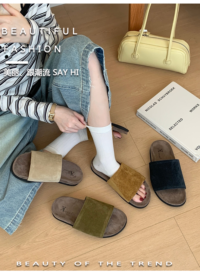 First-layer cowhide Boken slippers for women, wear outside, new style for early summer 2026, simple and popular, one-word style sandals for women