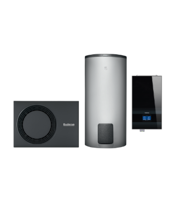 Heat pump system and the adjacent buffer and hot water storage devices