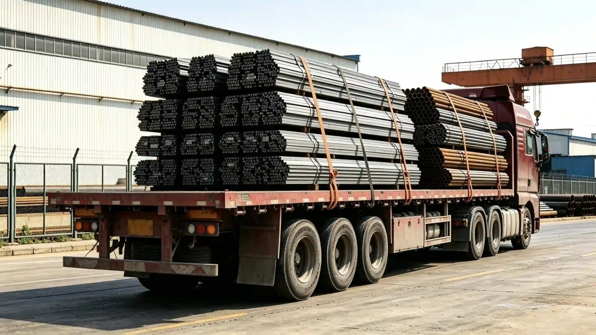 Steel load on a flatbed