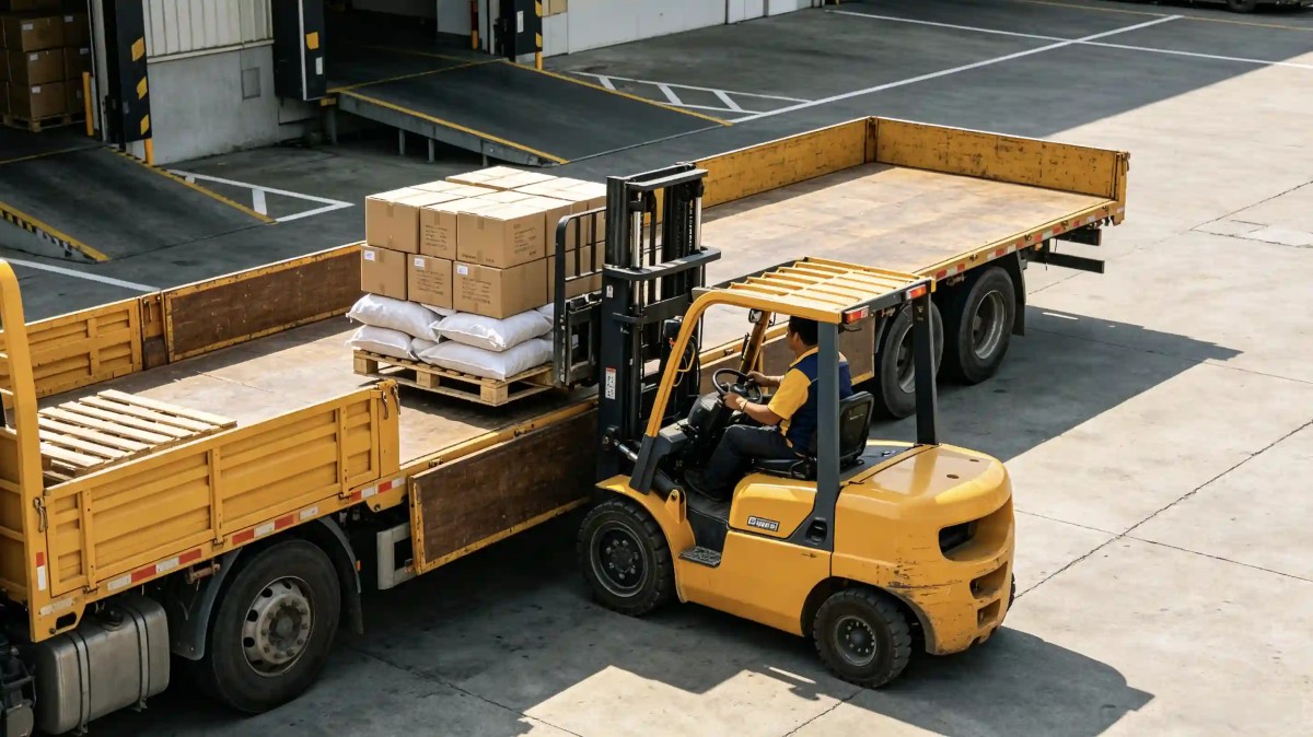 Loading flatbed truck with forklift Loading flatbed truck with forklift