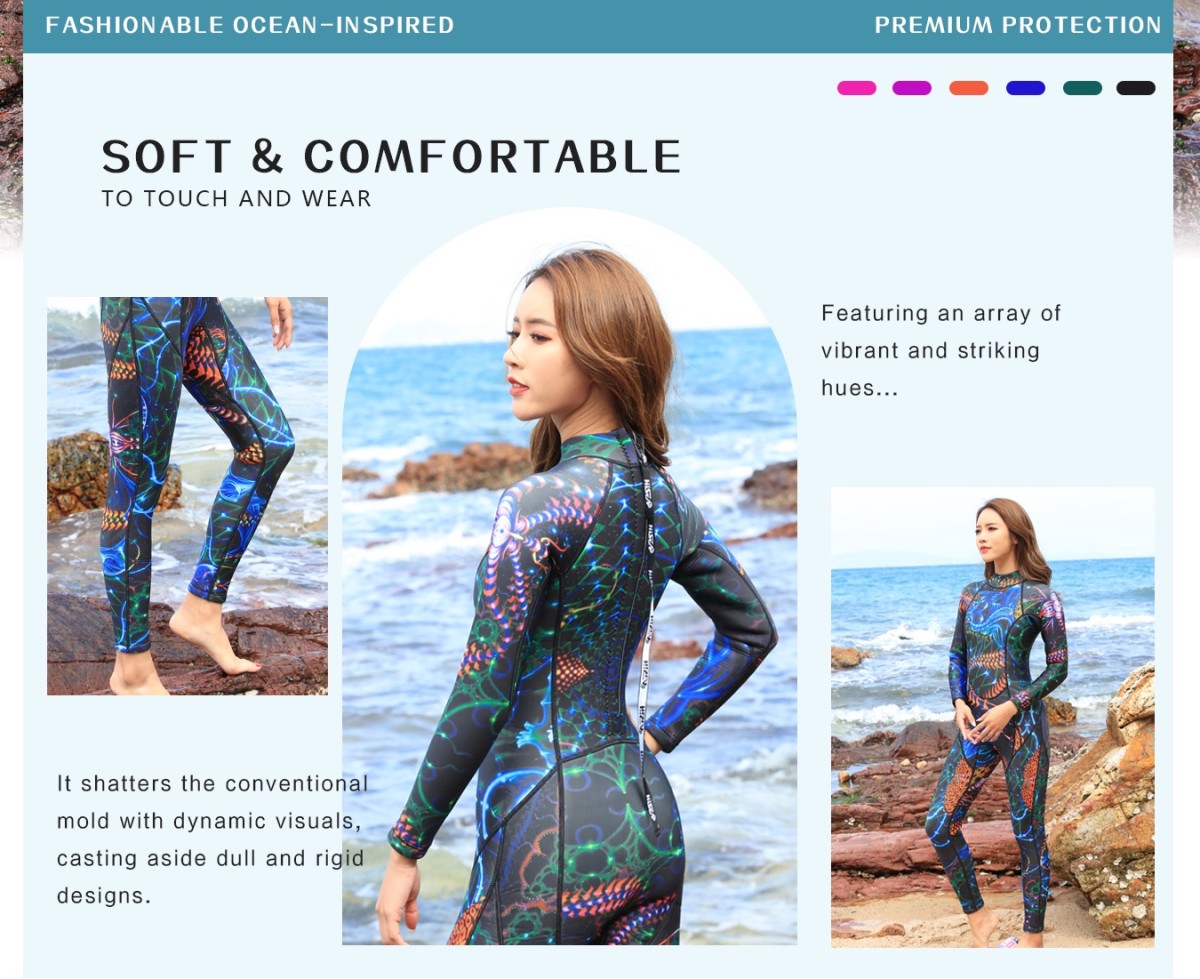 No.M002 Hisea 3mm Women Full Length Wetsuit, Long Sleeve One Piece Zipper Diving Suit, Thermal Sun Protection for Snorkeling & Surfing