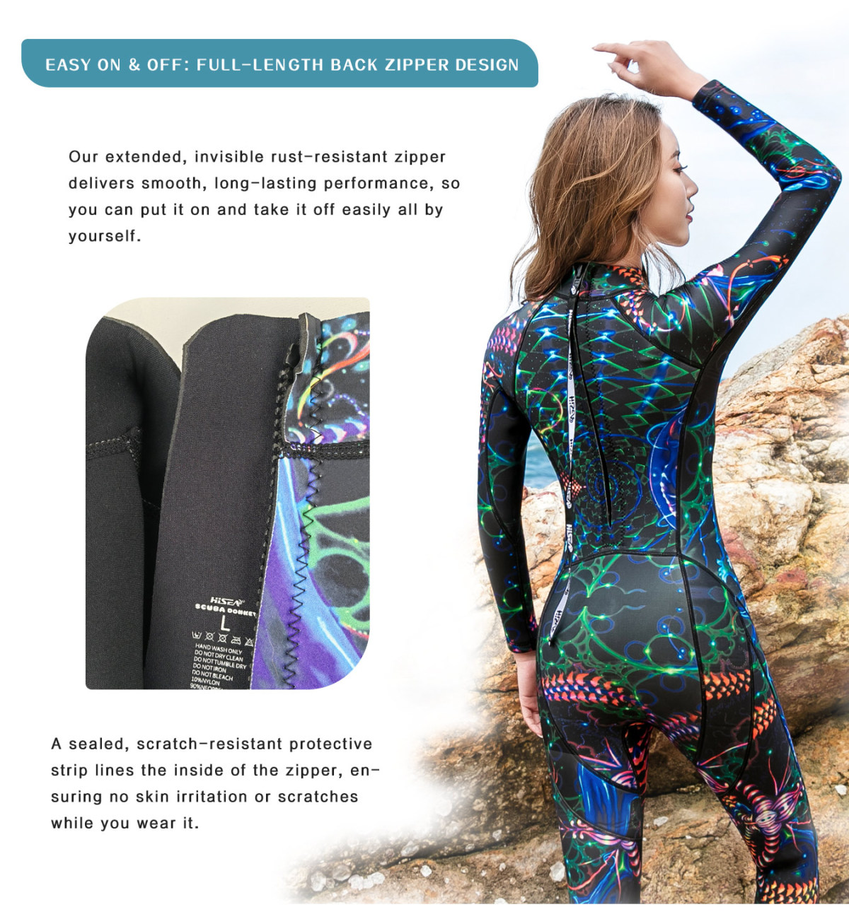 No.M002 Hisea 3mm Women Full Length Wetsuit, Long Sleeve One Piece Zipper Diving Suit, Thermal Sun Protection for Snorkeling & Surfing