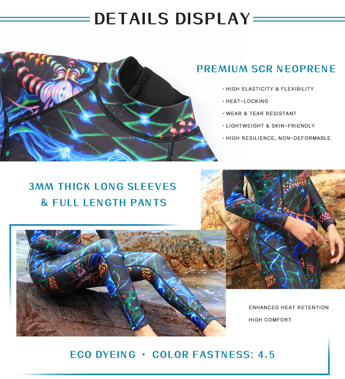 No.M002 Hisea 3mm Women Full Length Wetsuit, Long Sleeve One Piece Zipper Diving Suit, Thermal Sun Protection for Snorkeling & Surfing