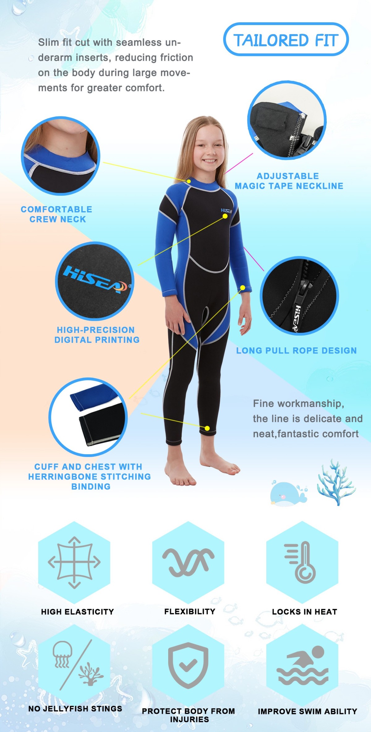 4 No.M014 2.5mm Neoprene Kids One Piece Long Sleeve Wetsuit for Boys Girls Surf Snorkeling