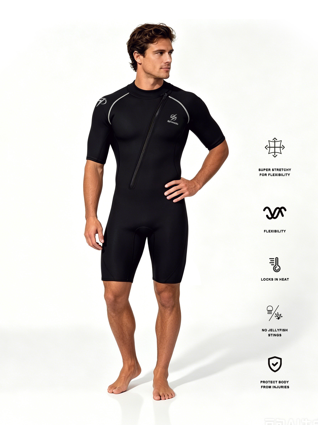 No.M358 Hisea 3mm Neoprene Men Shorty Wetsuit Short Sleeve Front Zip Kayak Swim