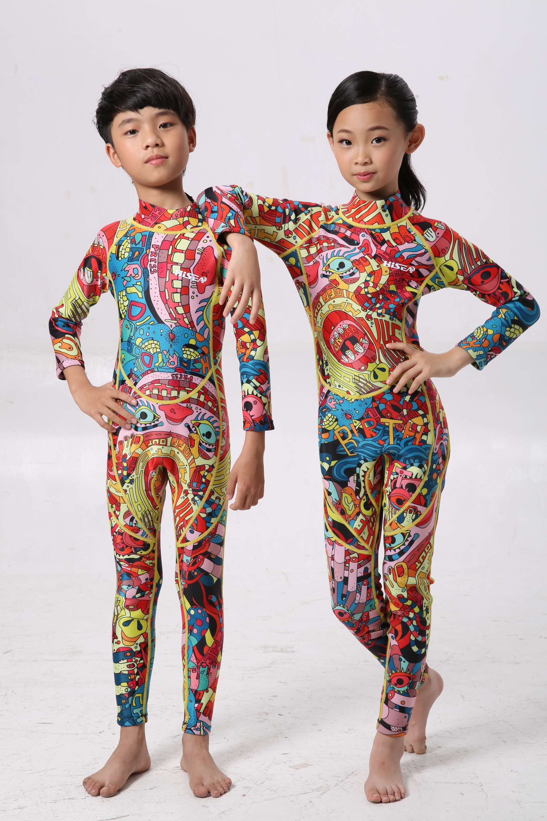 No.M053 Kids Full Body Neoprene Wetsuit, Long Sleeve Colorful Cartoon Print Diving Suit for Swimming Snorkeling