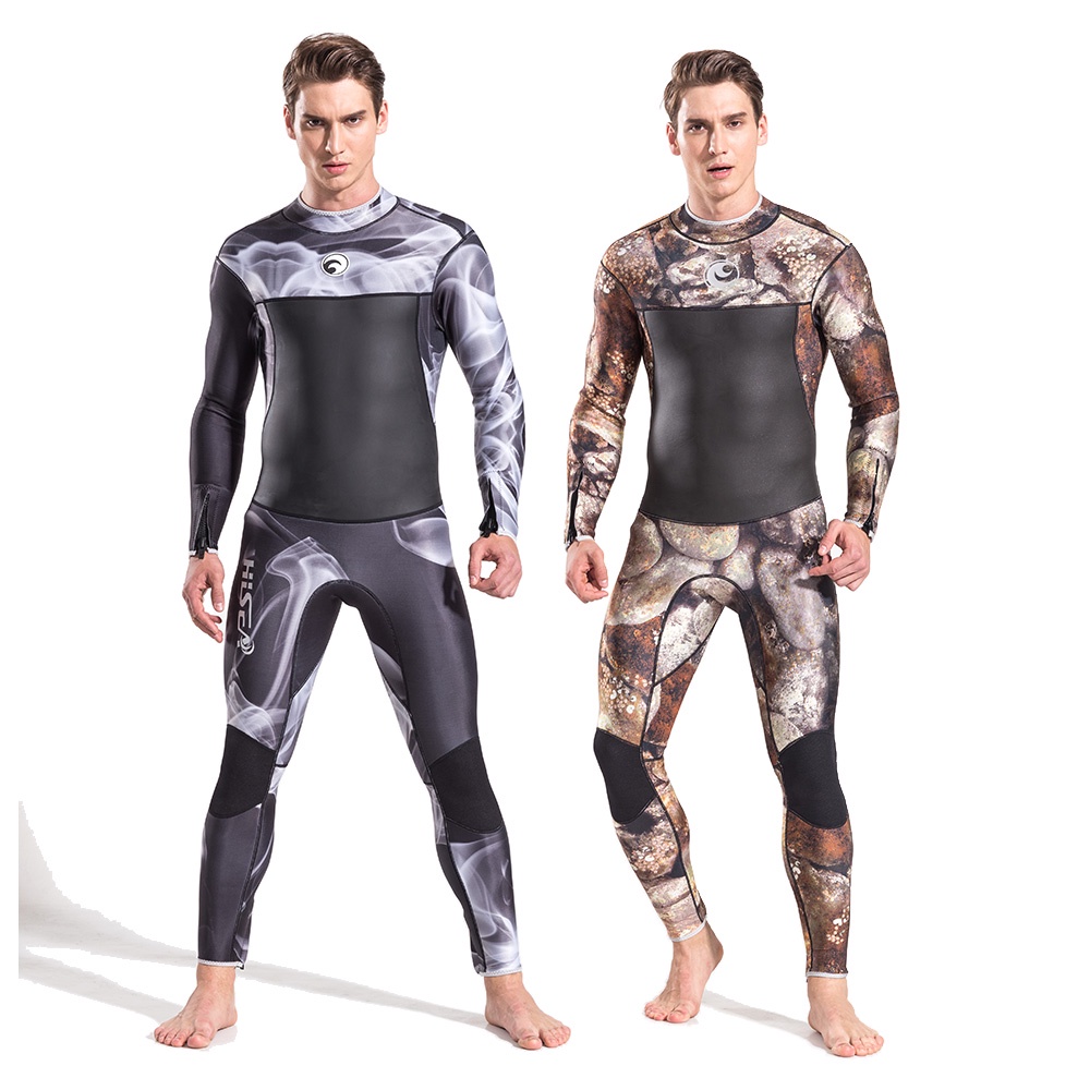 No.M049 HISEA 3mm Camo Smoke Print Men One Piece Wetsuit High Elastic Neoprene Full Body Diving Suit for Surfing Snorkeling Jet Ski