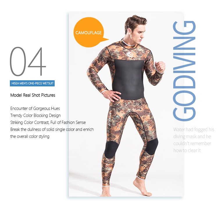 5 No.M049 HISEA 3mm Camo Smoke Print Men One Piece Wetsuit High Elastic Neoprene Full Body Diving Suit for Surfing Snorkeling Jet Ski