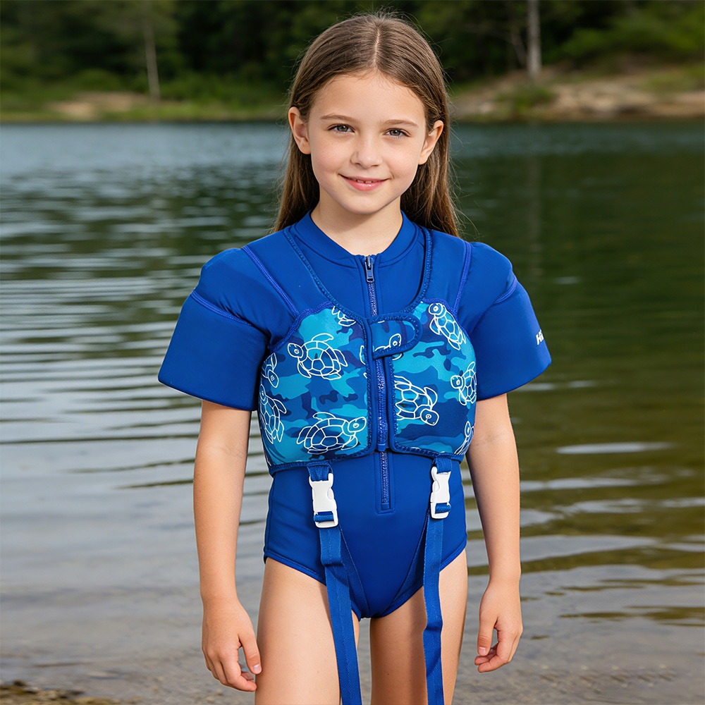 No.L014 Kids Swim Float Vest Toddler Blue Camo Turtle Pattern Life Jacket Adjustable Safety Strap Buoyancy Aid for Beach Pool