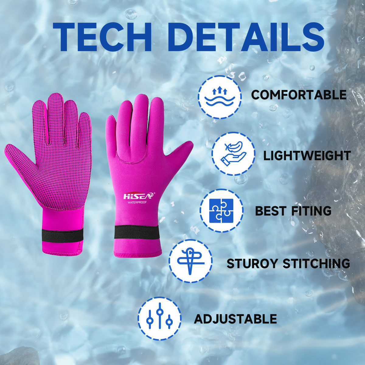 5 No.005 HISEA 3mm Neoprene Wetsuit Gloves Adjustable Wrist Strap Anti-Scratch Thermal Diving Gloves for Snorkeling Surfing Kayaking
