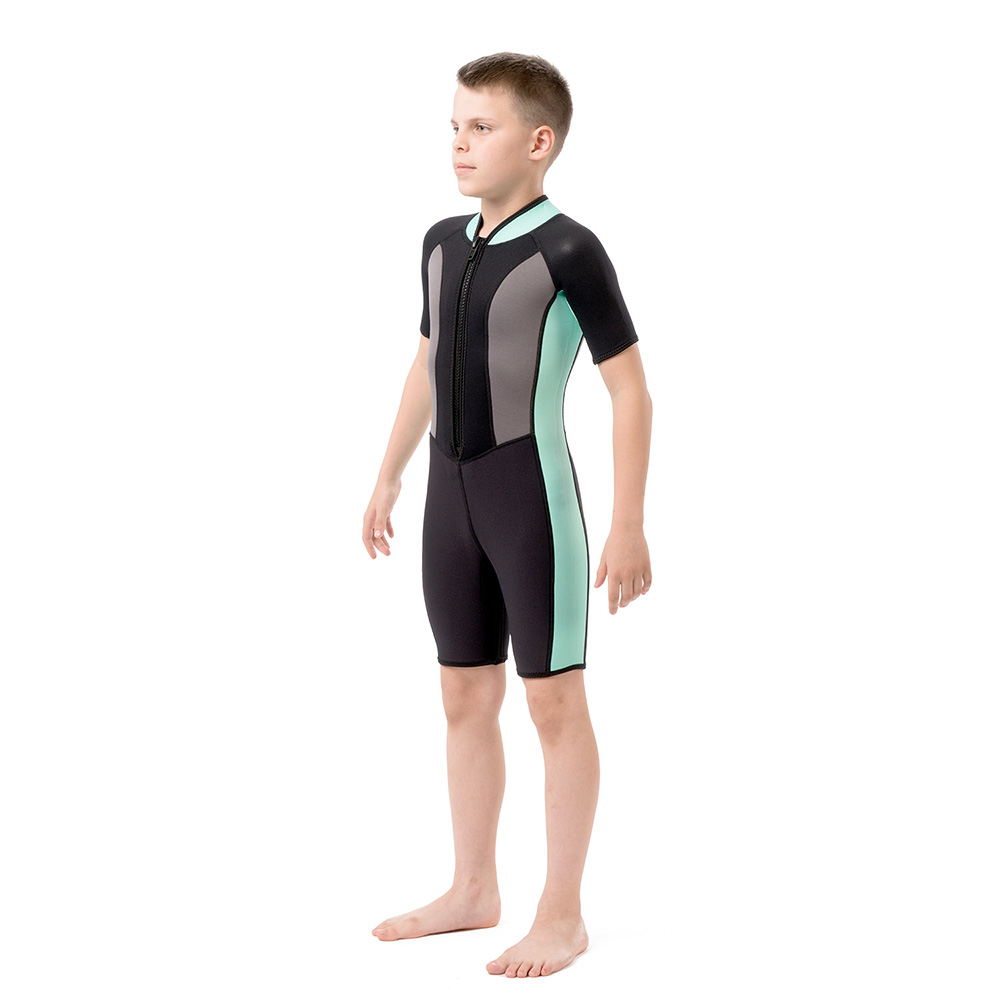 No.M029 Kids 2.5mm Shorty Wetsuit Front Zipper Color Block Neoprene One Piece Swim Suit for Boys Girls Snorkeling Surfing