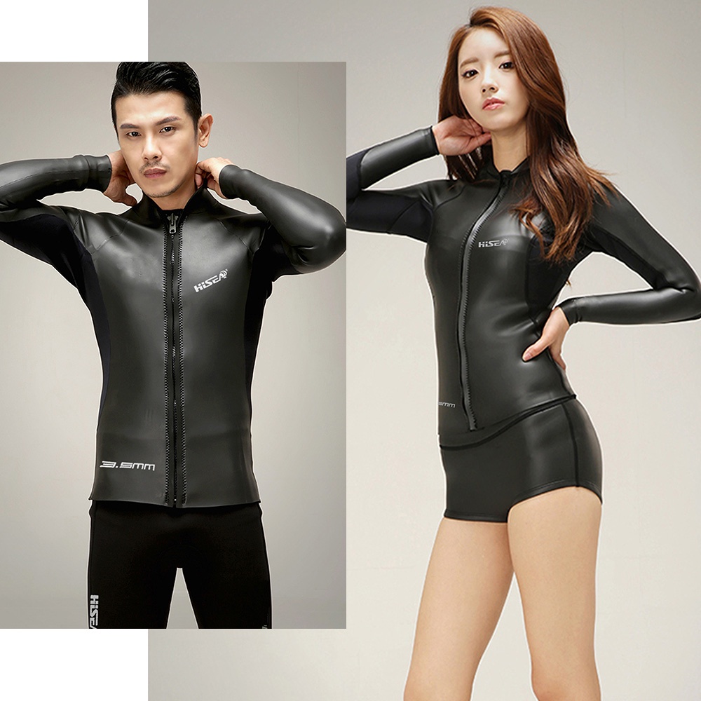 No.M042 3.5mm Glossy Neoprene Wetsuit Top Men Women Full Sleeve Front Zip Smooth Skin Diving Snorkeling Surfing Jacket