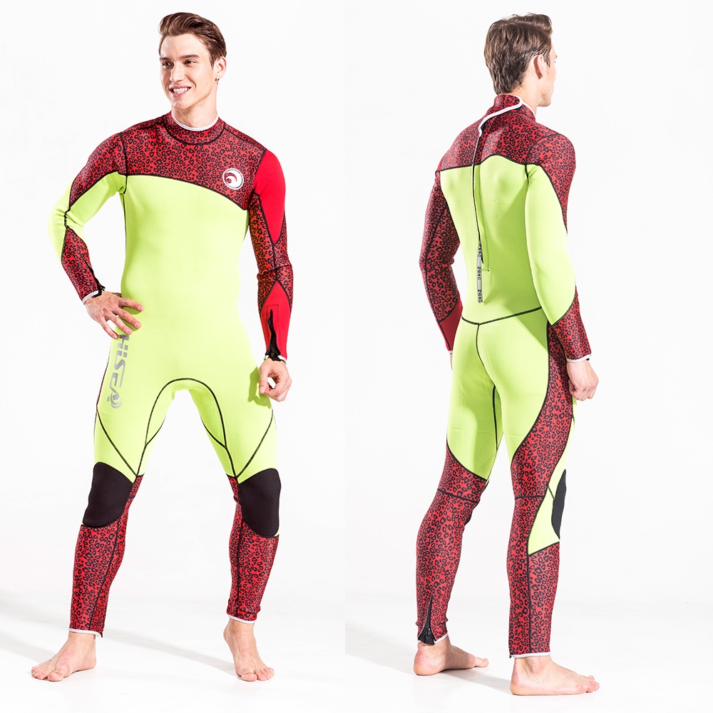No.M051 3mm Leopard Print Neoprene Wetsuit Men Full Body Long Sleeve Front Zip Scuba Diving Surf Suit