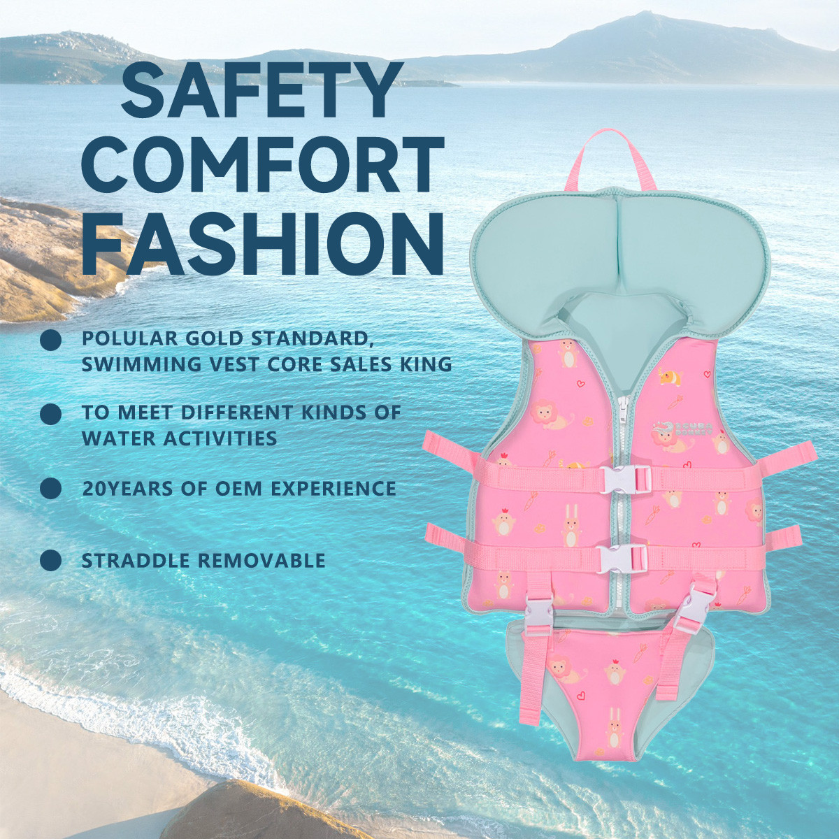 1 No.L092 Kids Float Life Jacket Toddler Swimming Vest with Head Support, Baby Water Float Vest for Pool Beach