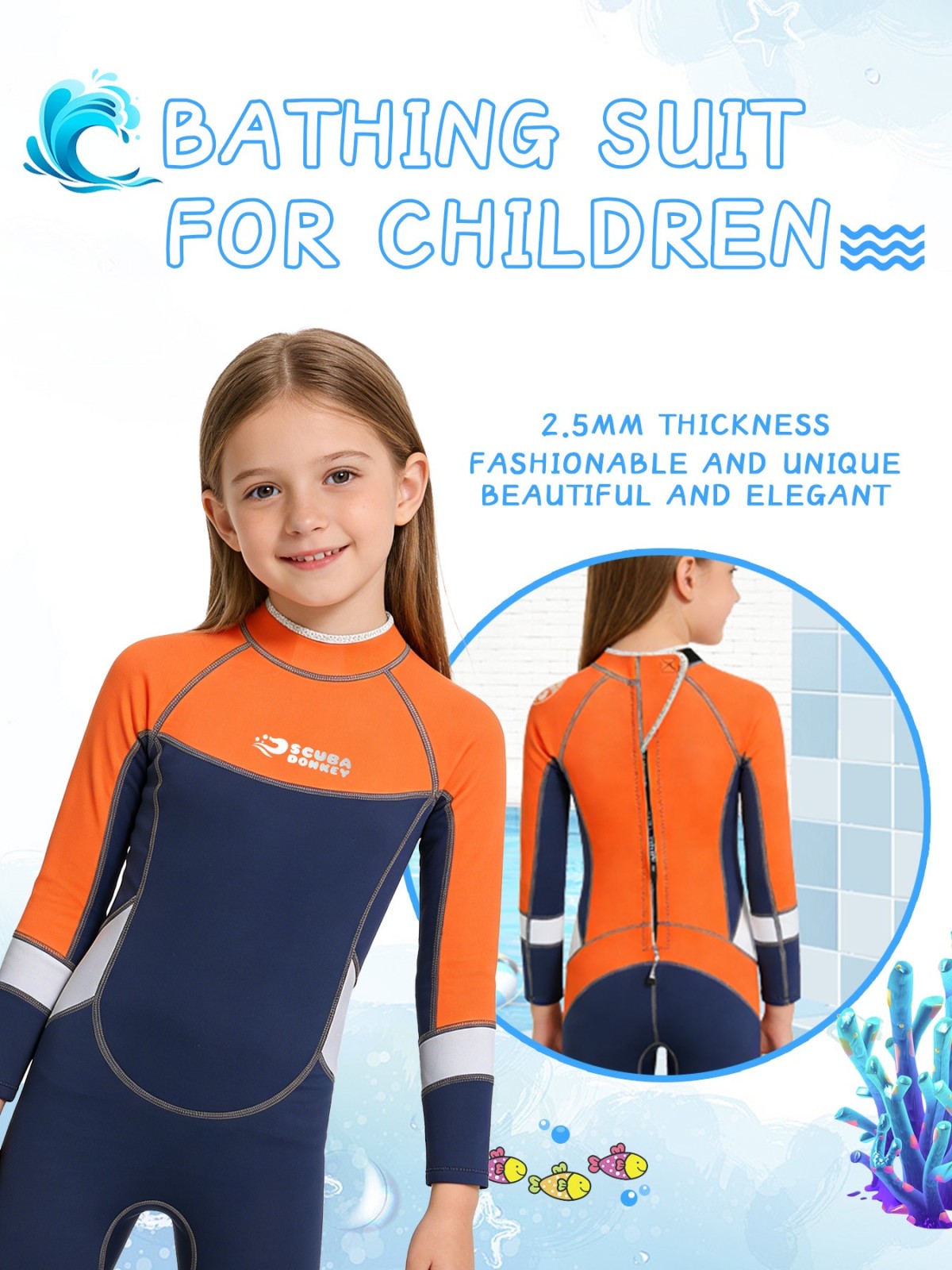 2 Unisex Kids Full Body Neoprene Wetsuit, Long Sleeve Thermal One Piece Diving Suit for Boys Girls Snorkeling Surfing Swimming